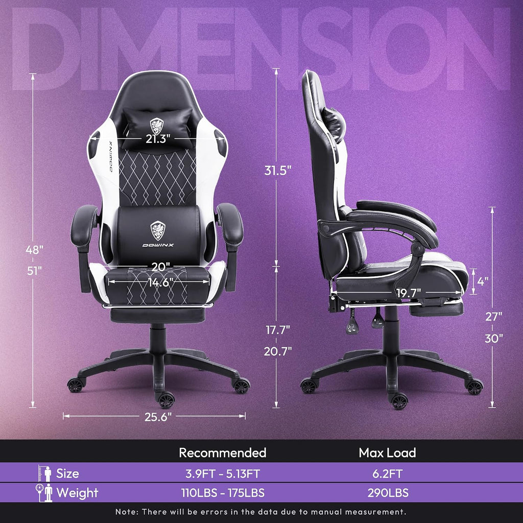 Dowinx Gaming Chair with Massage Lumbar Support and Footrest, Gaming Chairs for Adults, Ergonomic Computer Chair High Back with Pocket Spring Cushion, Swivel Recliner with Headrest, Black and White