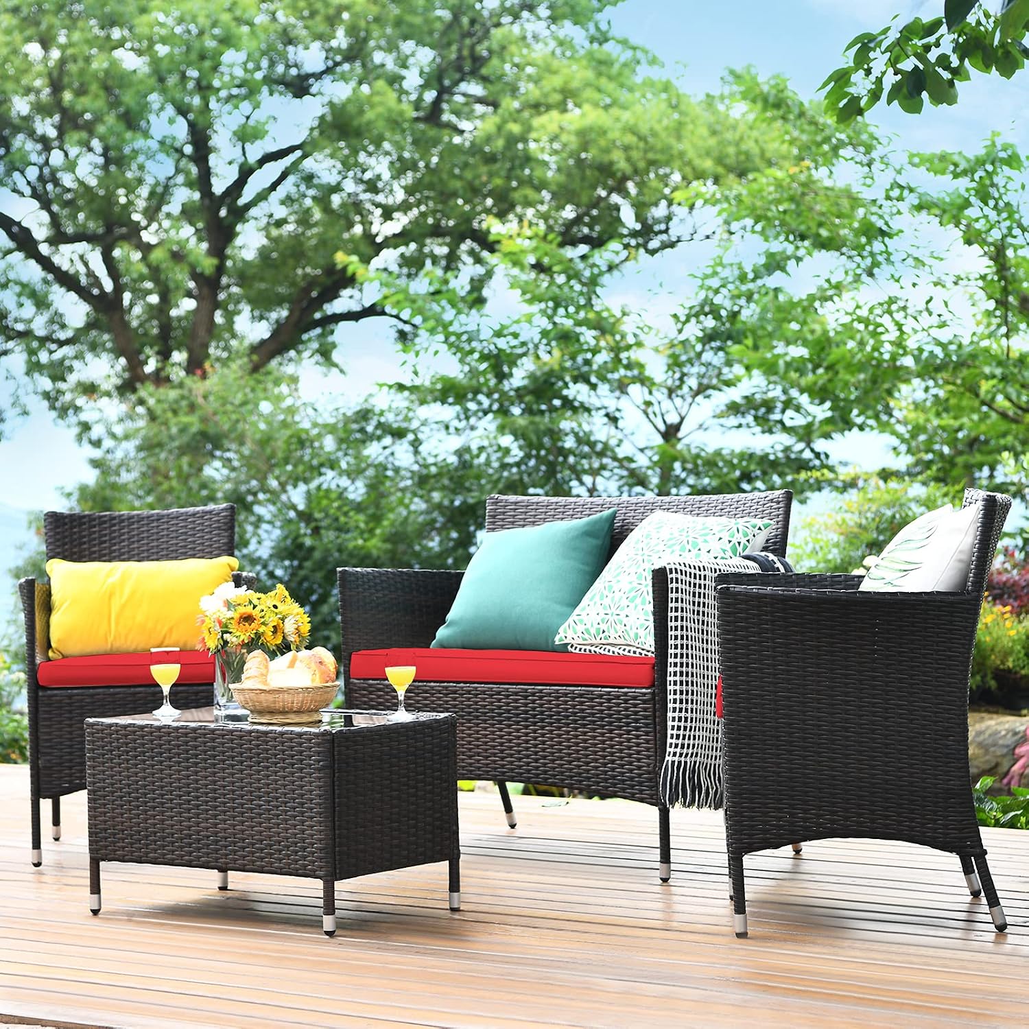 COSTWAY 4PCS Rattan Patio Furniture Set, Outdoor Wicker Rattan Chairs with Coffee Table, Rattan Cushioned Conversation Set for Backyard Balcony Porch Poolside, Red