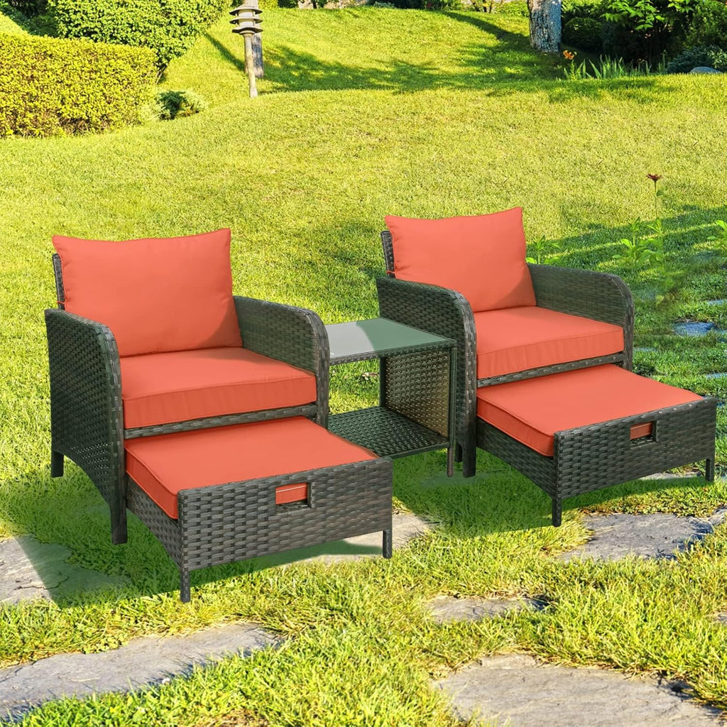 LEVELEVE Balcony Furniture 5 Piece Patio Conversation Set, PE Wicker Rattan Outdoor Lounge Chairs with Soft Cushions 2 Ottoman&Glass Table for Porch, Lawn-Brown Wicker