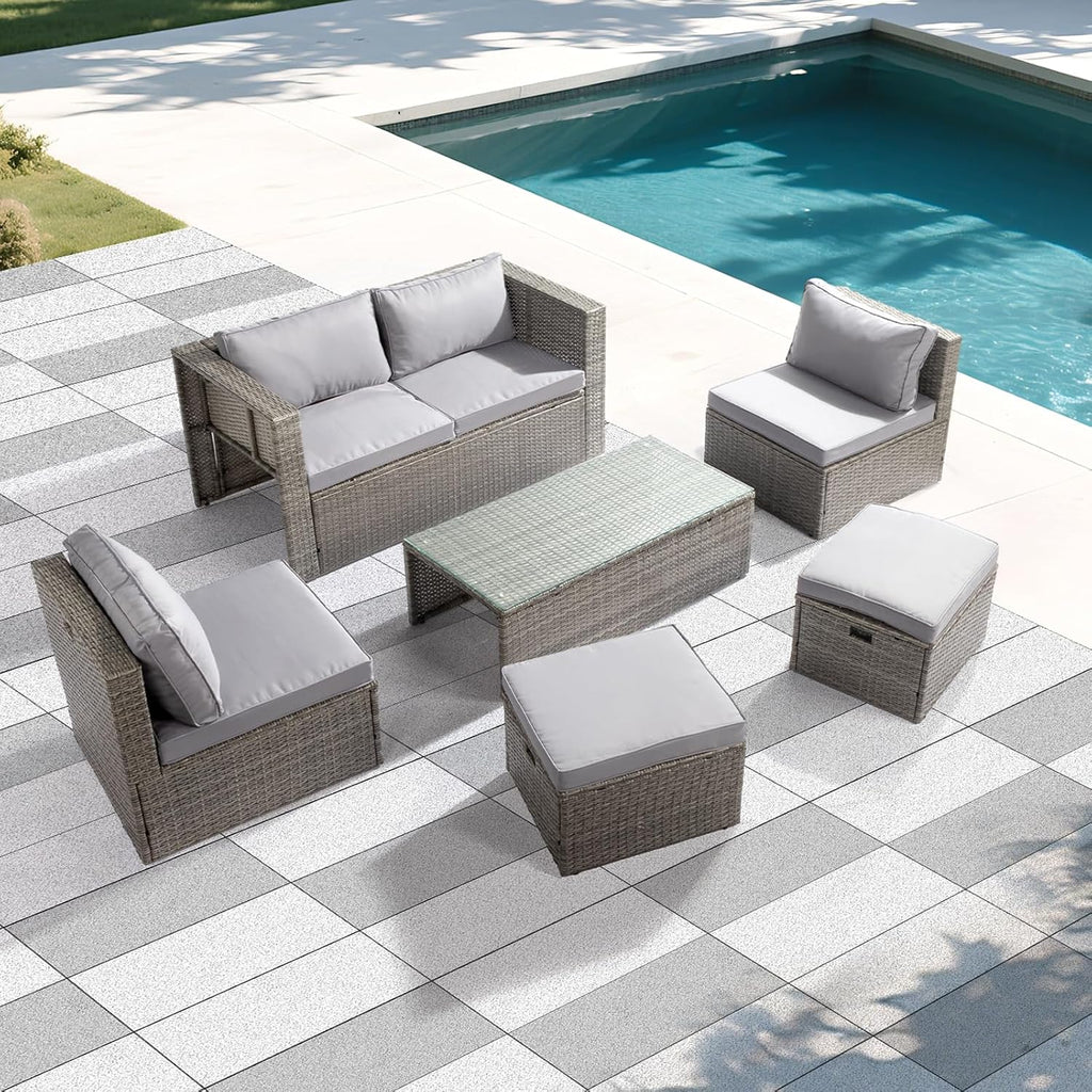 VINGLI 6 Pieces Wicker Patio Furniture Set, Outdoor Sectional Furniture Patio Conversation Set Space-Saving Design with Ottomans and Coffee Table for Garden,Poolside, Backyard(Grey)