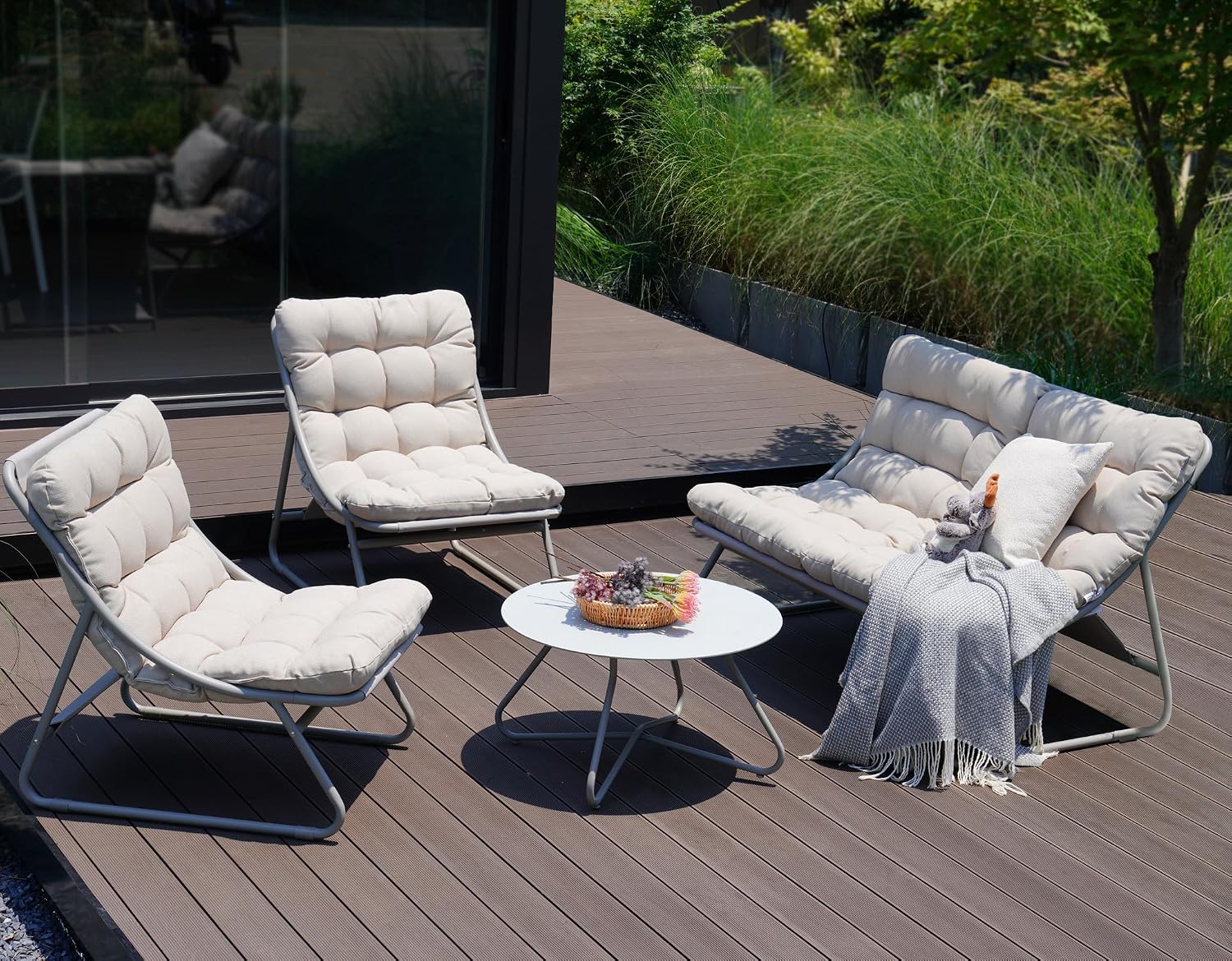 Grand patio Outdoor Sofa Set, Comfy E-Coated Outdoor Furniture Set for 4 Person with Thick Olefin Cushions, Samba Patio Conversation Set with Coffee Table for Backyard,Garden,Porch,Poolside, Beige