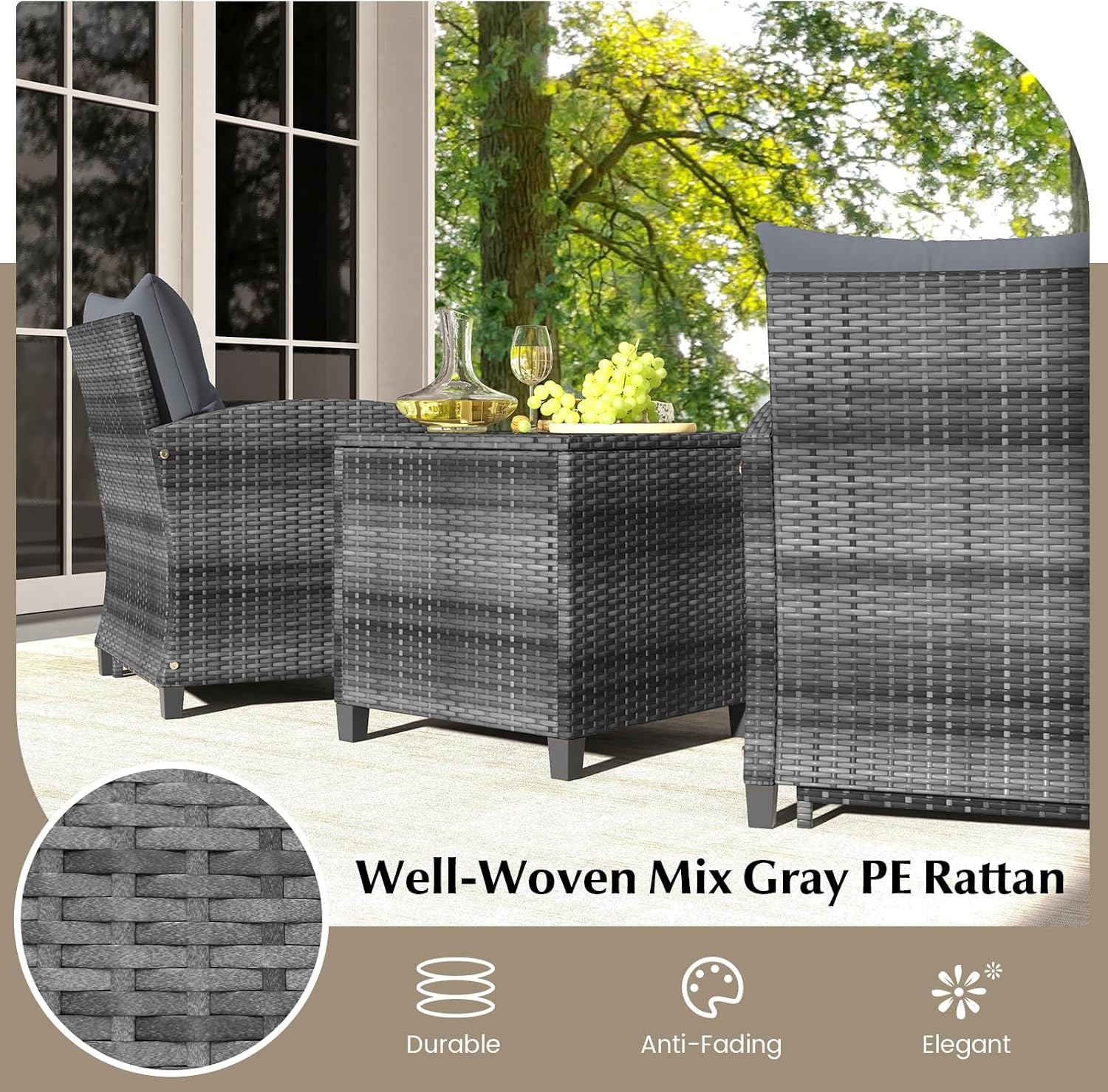 KOTEK 5 Pieces Patio Furniture Set with Ottomans, Wicker Patio Conversation Set with Coffee Table & Cushions, PE Rattan Outdoor Lounge Chairs for Backyard, Porch, Poolside (Mix Grey- Grey)