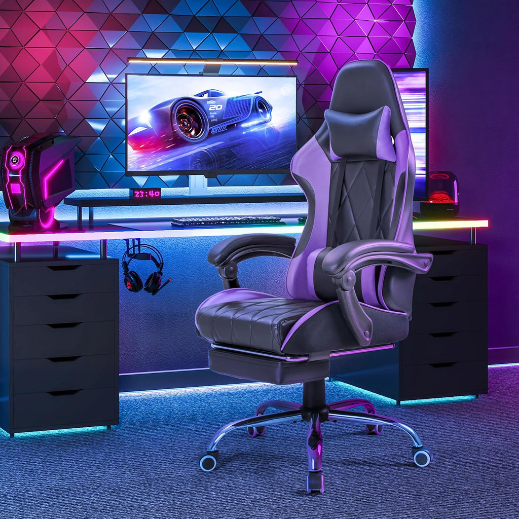Homall Gaming Chair, Computer Chair with Footrest and Massage Lumbar Support, Ergonomic High Back Video Game Chair with Swivel Seat and Headrest (Purple)