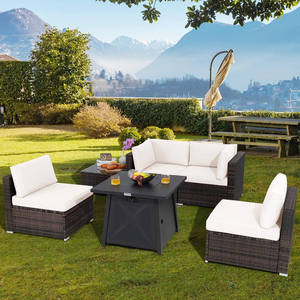 Tangkula 6-Piece Patio Furniture Set with 30' Propane Fire Pit Table, Outdoor PE Wicker Conversation Set with Cushions and Tempered Glass Coffee Table, Gas Fire Pit Table with 50,000 BTU (Off White)