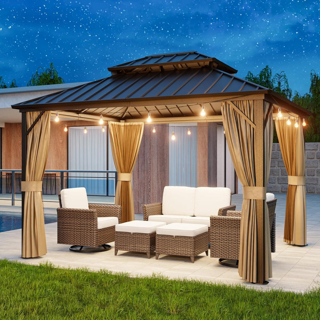 10x12 Hardtop Gazebo with Netting and Curtains, Galvanized Steel Double Roof Outdoor Pavilion with Aluminum Frame, Patio Gazebo for Deck, Garden, Lawn, Dark Brown/Tan