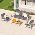 Aluminum Patio Furniture Set, 4 Piece Modern Outdoor Coversation Sets with Teak Coffee Table, Metal Sectional Sofa Couch for Porch, Balcony, Deck, Dark Gray