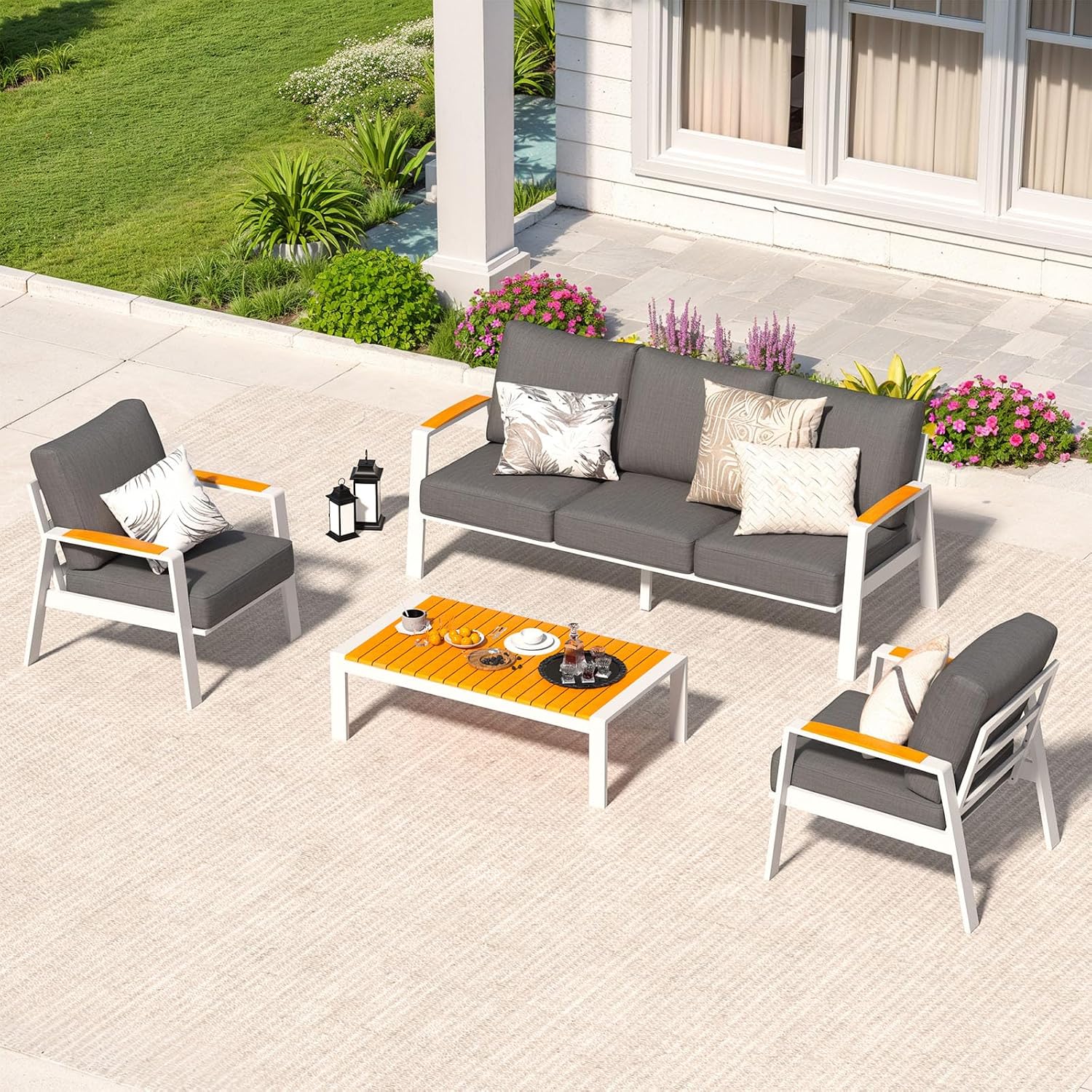 Aluminum Patio Furniture Set, 4 Piece Modern Outdoor Coversation Sets with Teak Coffee Table, Metal Sectional Sofa Couch for Porch, Balcony, Deck, Dark Gray