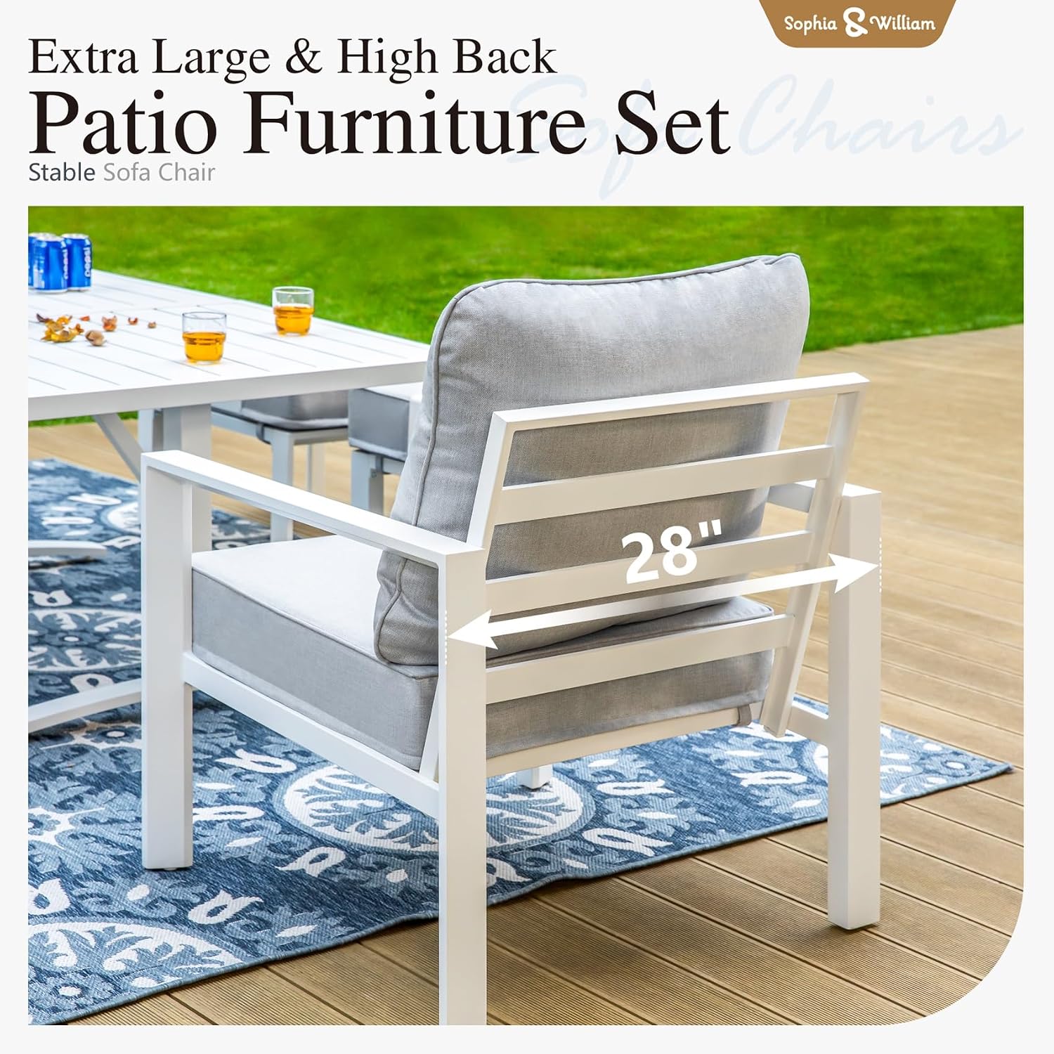 Sophia and William Aluminum Patio Furniture Set, 7 Seats Patio Conversation Set, Large Size and High Back Outdoor Couch