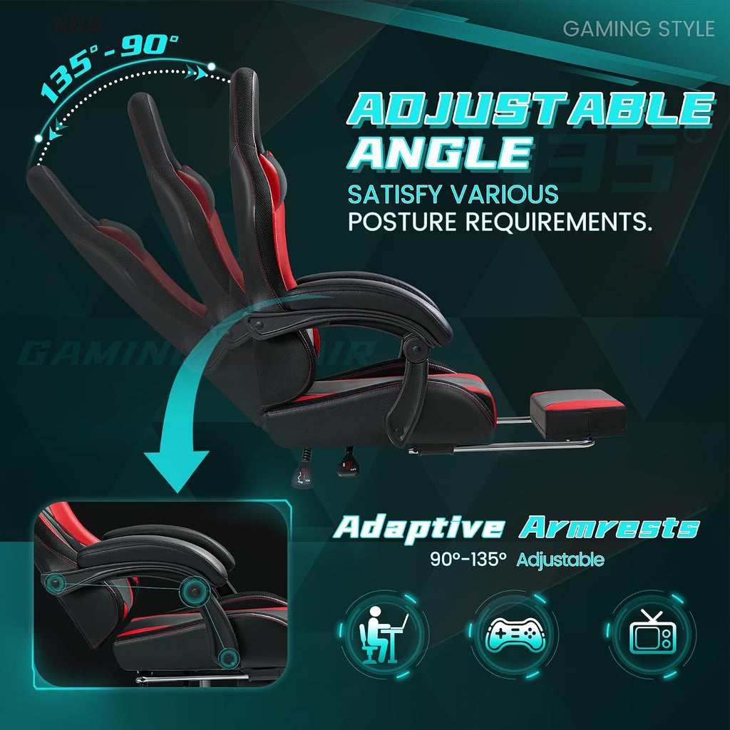Gaming Chair with RGB, Computer Gaming Chairs with LED Lights and Footrest for Home, Office, Red and Black