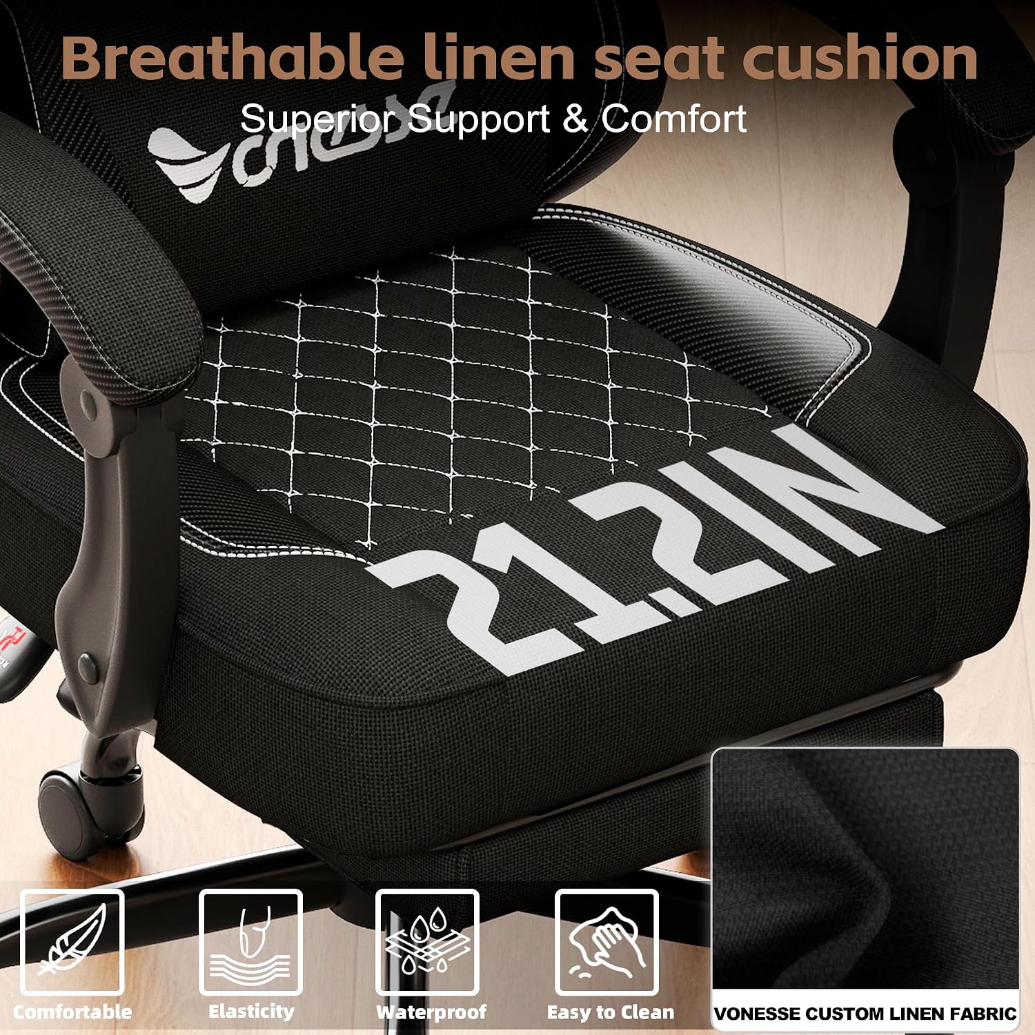 Vonesse Office Chair, Gaming Chair with Linen Breathable Mesh Fabric, Desk Chair with Adjustable Lumbar Support, Executive Computer Chairs with Footrest and Headrest (Black)