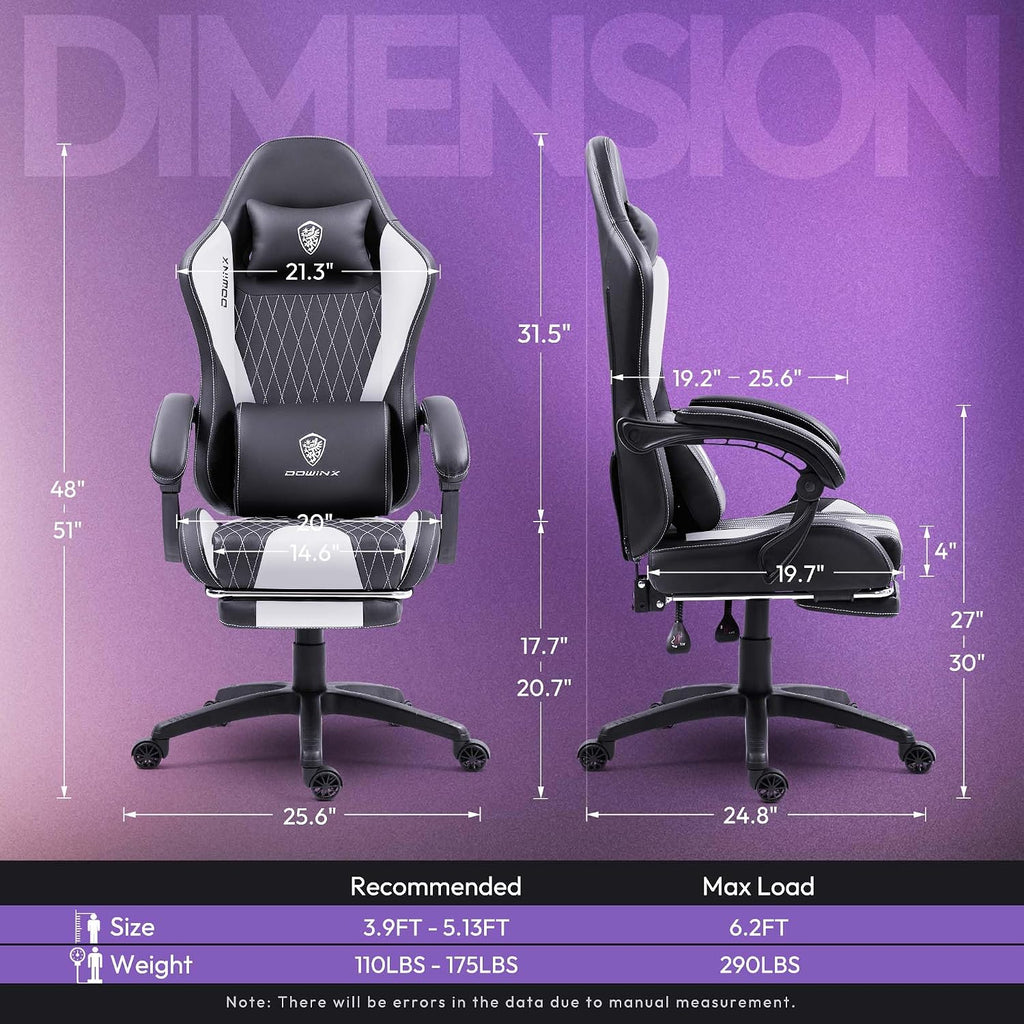 Dowinx Gaming Chair with Massage Lumbar Support and Footrest, Gaming Chairs for Adults, Ergonomic Computer Chair High Back with Pocket Spring Cushion, Swivel Recliner with Headrest, White