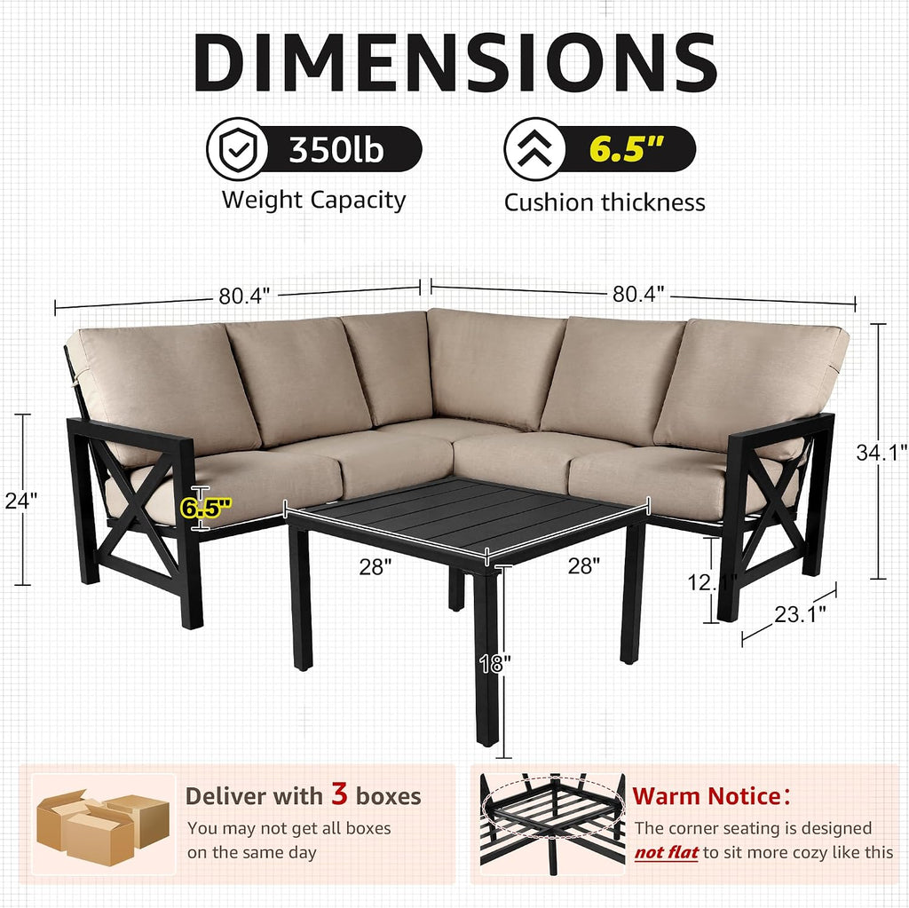 NATURAL EXPRESSIONS 6 Pieces Patio Furniture Sets,Outdoor Furniture Sets Metal Patio L Shape Sectional Couch Sofa Conversation Sets with 6.5' Shale Cushions,HighBack Hand-Brush Black Frame