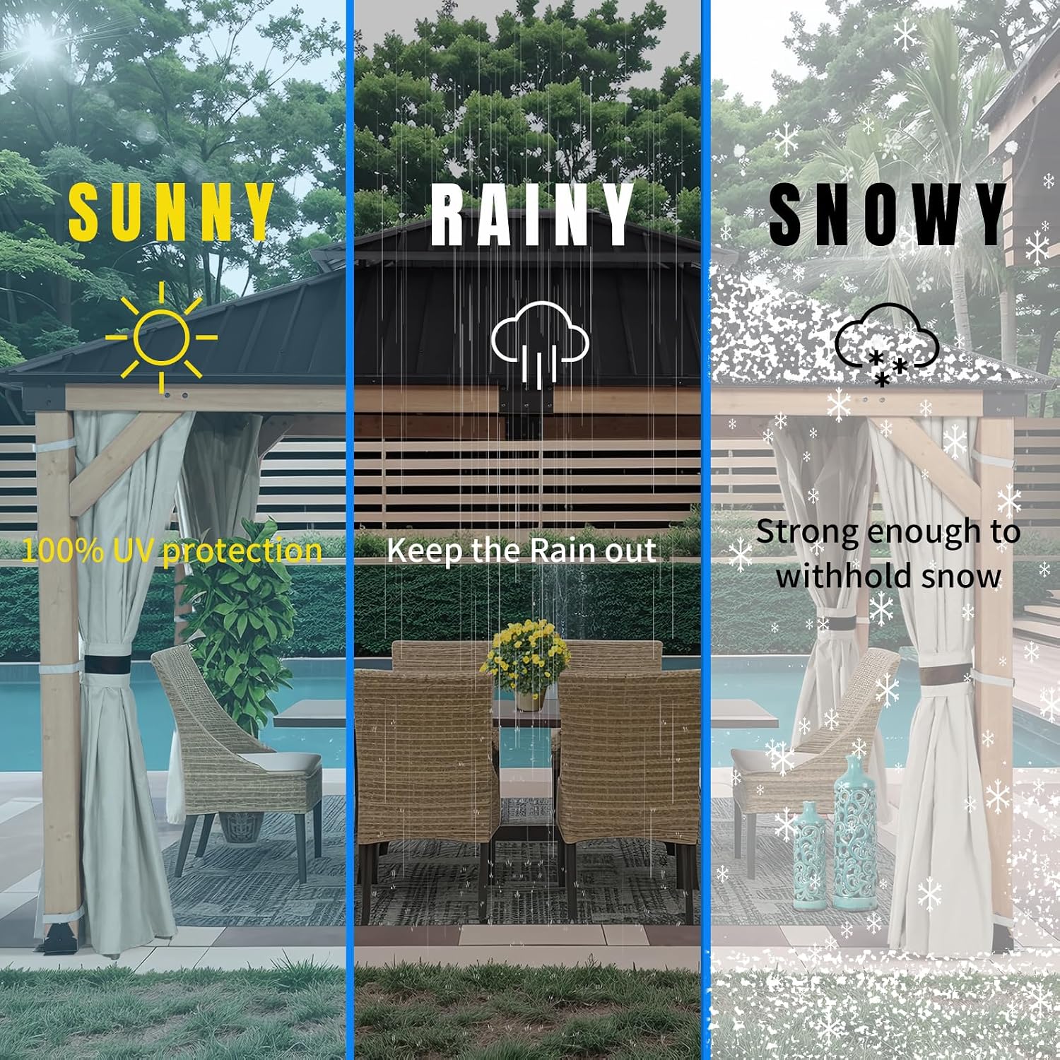 FAB BASED 10x12FT Hardtop Wood Gazebo, Natural Solid Cedar Frame Gazebo with 2-Tier Vented Roof, Outdoor Metal Canopy Pavilion with Netting & Curtains for Deck, Garden, Backyard, Lawn