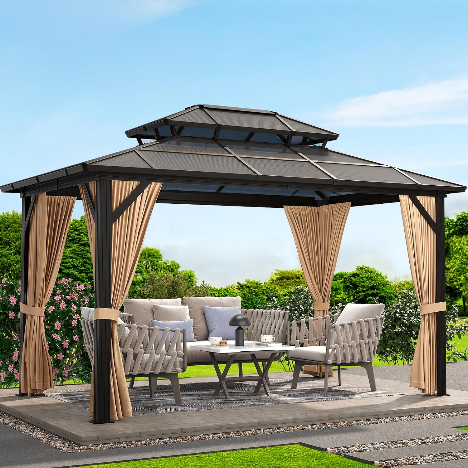 GAOMON 10x13ft Hardtop Gazebo, Outdoor Polycarbonate Double Roof Canopy, Aluminum Frame Permanent Pavilion with Curtains and Netting for Garden, Patio, Lawns (Brown)