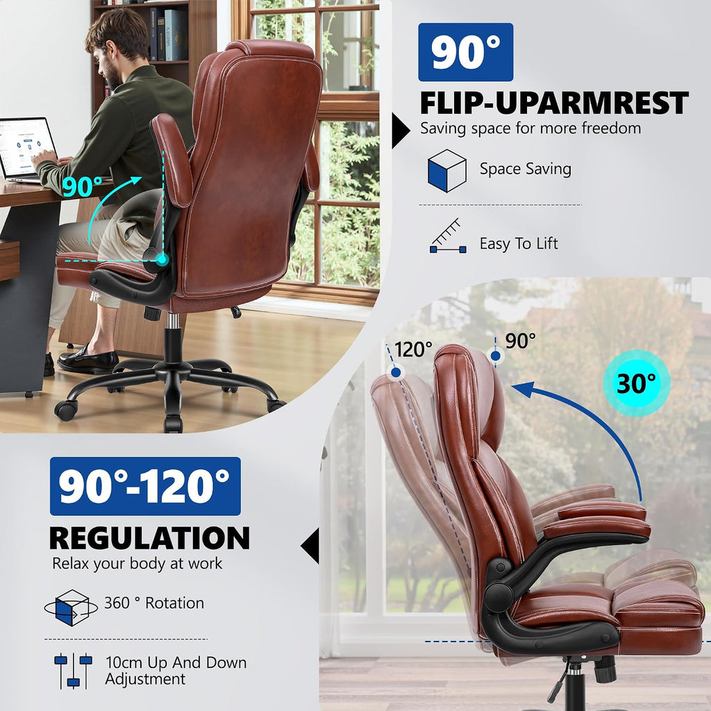 PU Leather Executive Office Chair, Ergonomic High-Back Computer & Gaming Chair with Adjustable Height, Rolling Swivel & Flip-Up Armrests, Comfy Padded Seat for Home Office-Brown