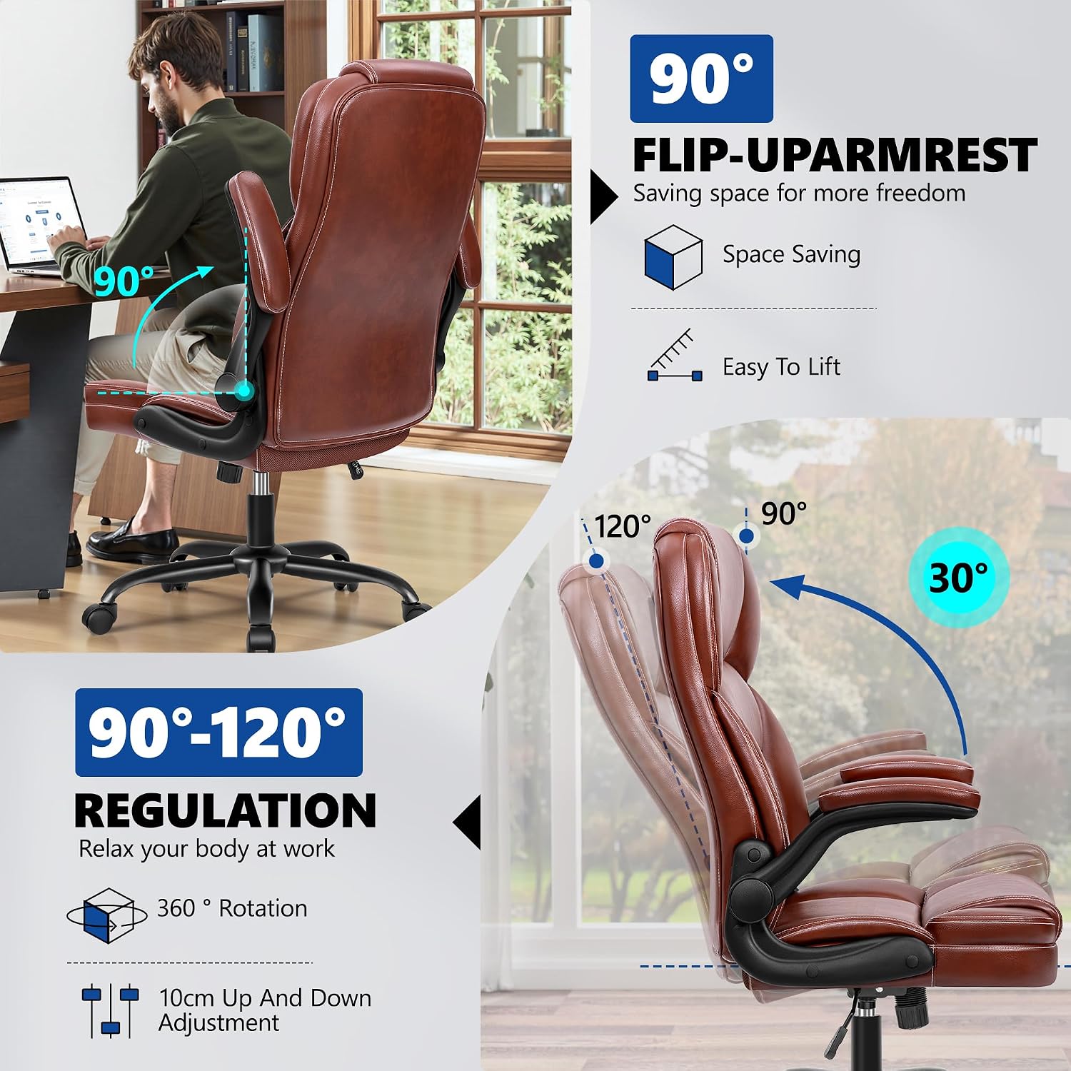 PU Leather Executive Office Chair, Ergonomic High-Back Computer & Gaming Chair with Adjustable Height, Rolling Swivel & Flip-Up Armrests, Comfy Padded Seat for Home Office-Brown