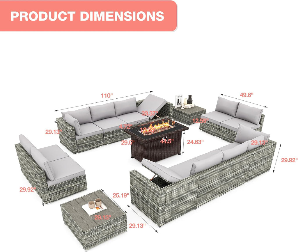 HOMREST 15 Pieces Outdoor Patio Furniture Set with 44' Propane Fire Pit Table, PE Rattan Sectional Sofa Conversation Set w/Adjustable Bracket, Wood Coffee Table for Backyard (Grey)