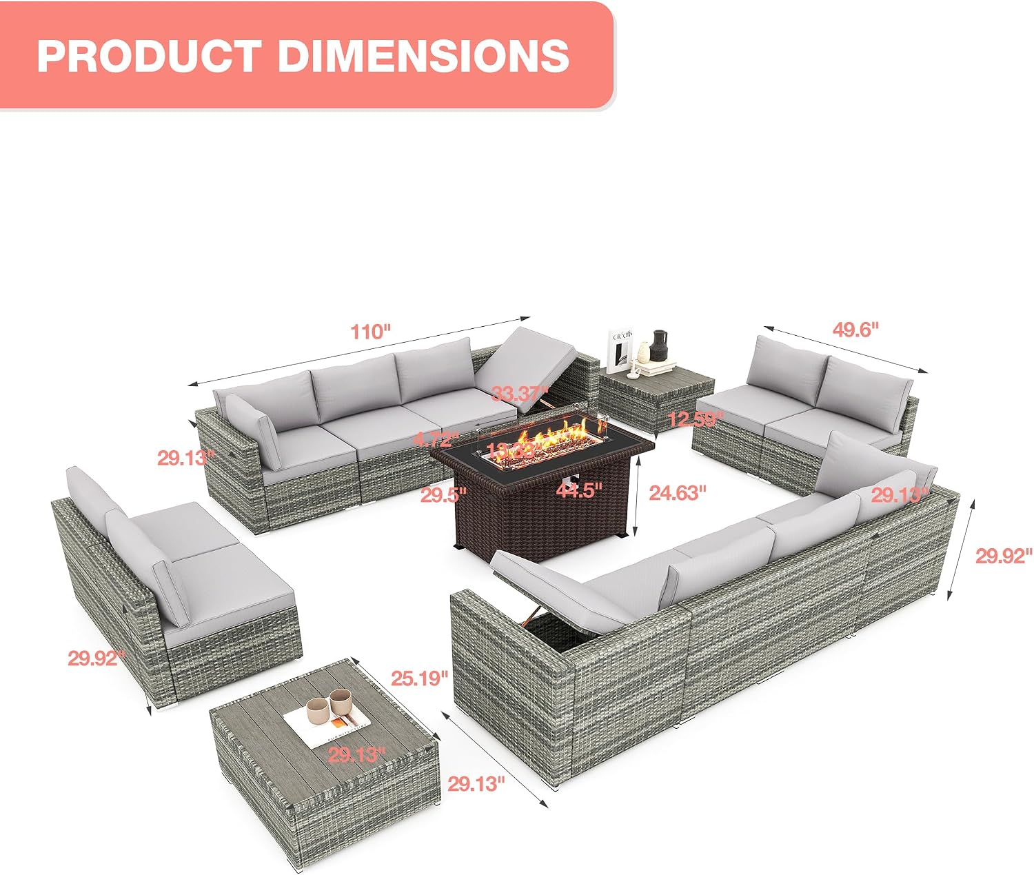 HOMREST 15 Pieces Outdoor Patio Furniture Set with 44' Propane Fire Pit Table, PE Rattan Sectional Sofa Conversation Set w/Adjustable Bracket, Wood Coffee Table for Backyard (Grey)