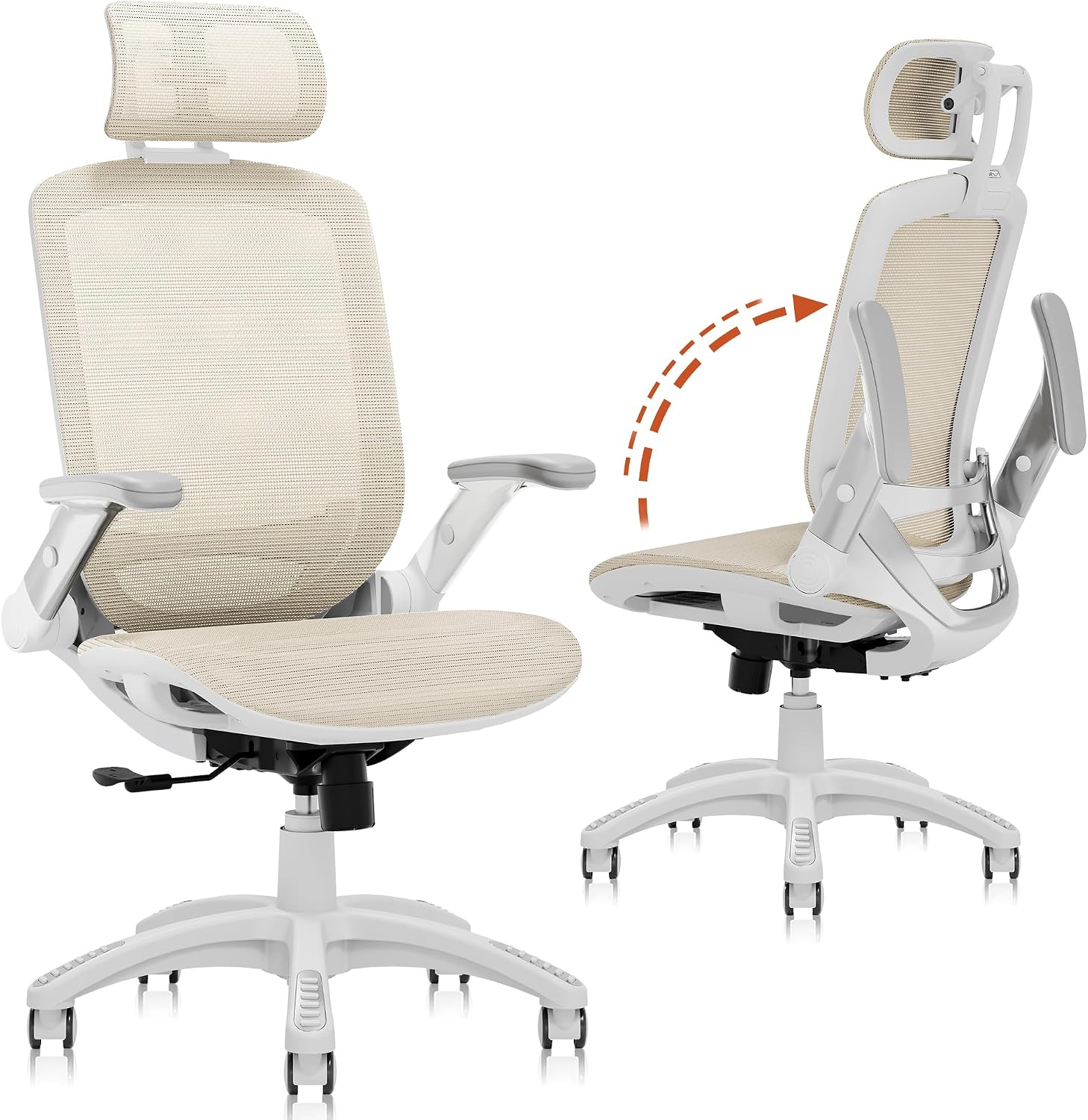 GABRYLLY Ergonomic Office Chair, High Back Home Desk Chair with Headrest, Flip-Up Arms, 90-120° Tilt Lock and Wide Cushion, 300LBS Mesh Chairs for Man Woman, White Task Chair(Beige,GY01WBG)