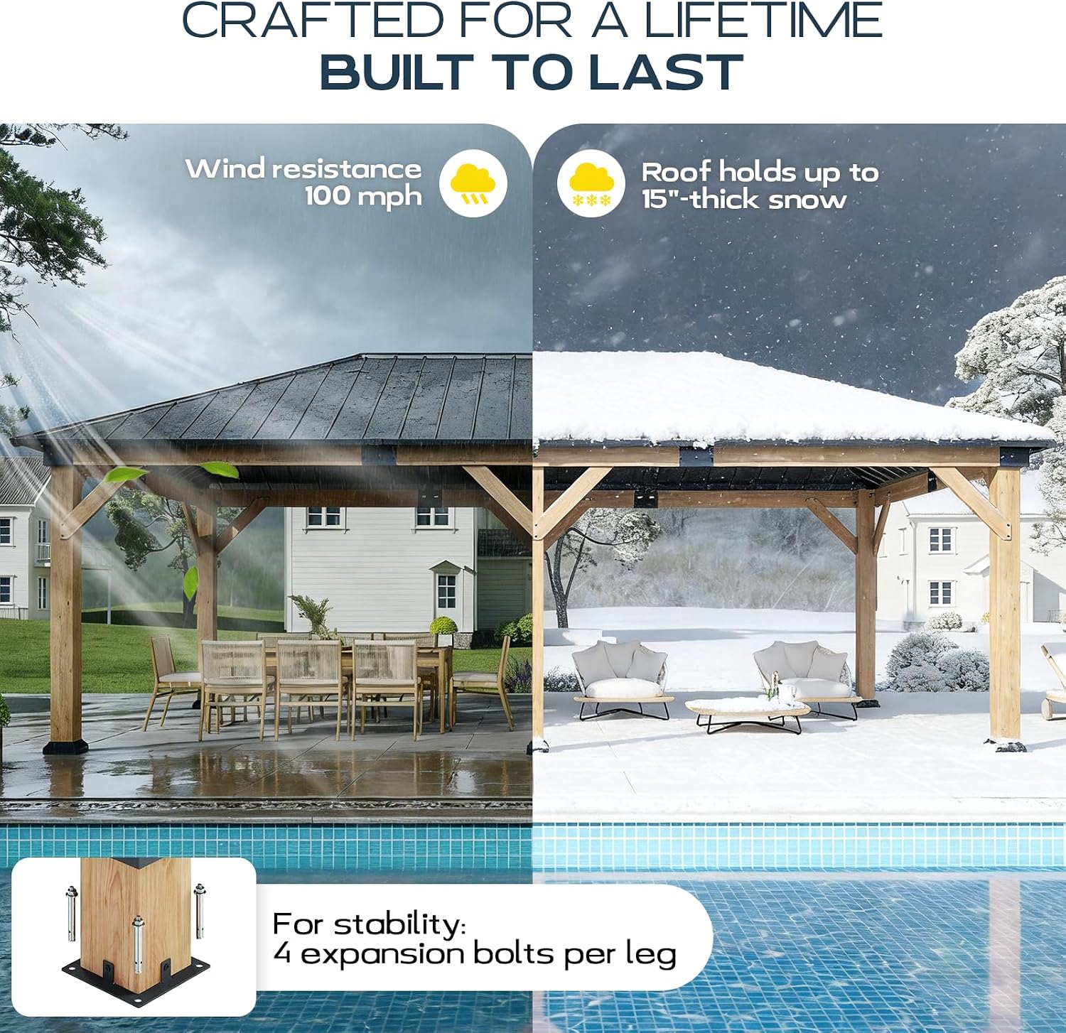 12x20 ft Cedar Wood Gazebo, Hardtop Gazebo with Galvanized Steel Double Roof, Heavy Duty Pavilion for Patio Lawn and Garden