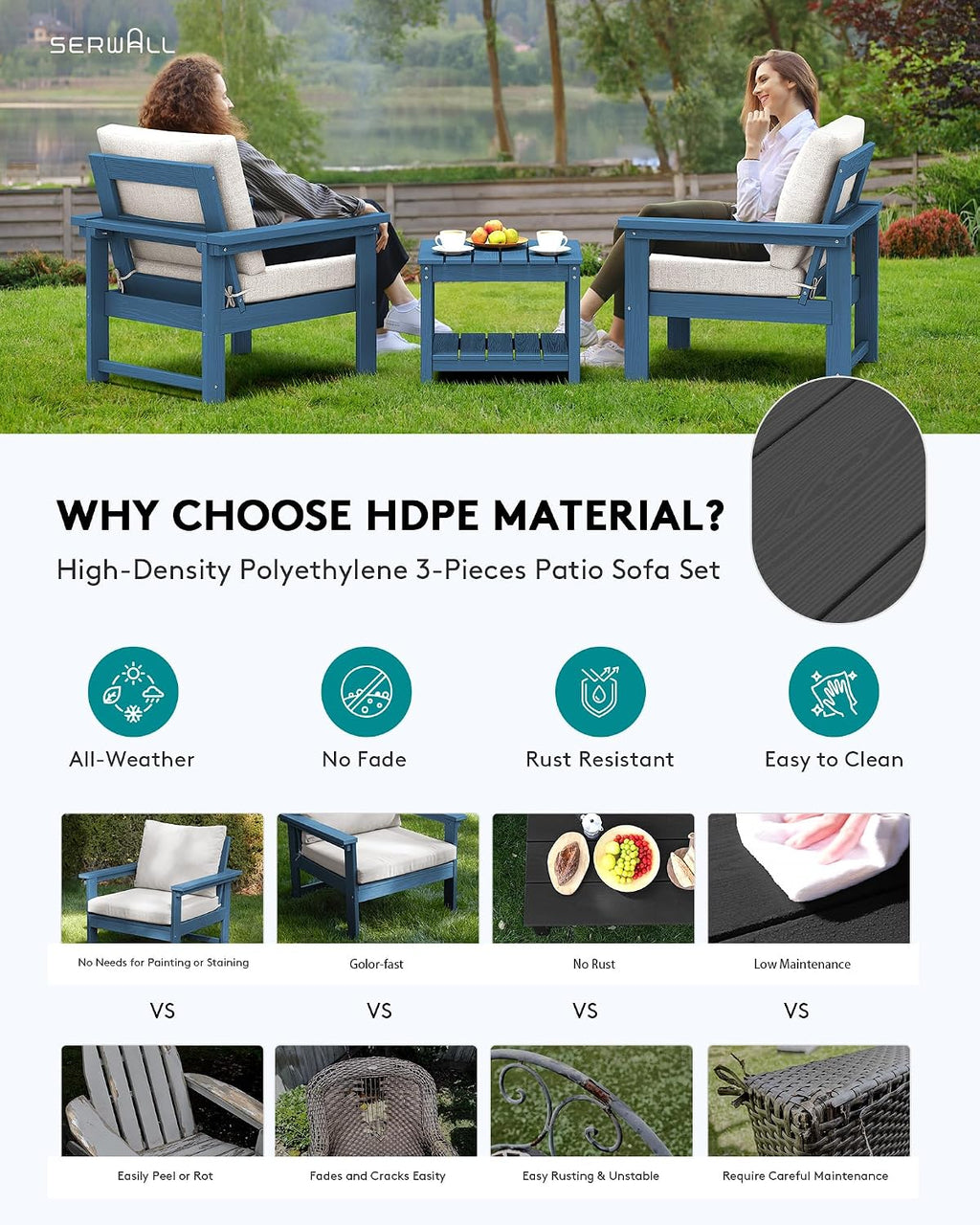 SERWALL HDPE Patio Sofa Set, 3-piece Sectional Outdoor Furniture Set, All Weather Outdoor Couch Set Patio Furniture Set for Deck, Lawn, Blue Frame with Grey Cushion