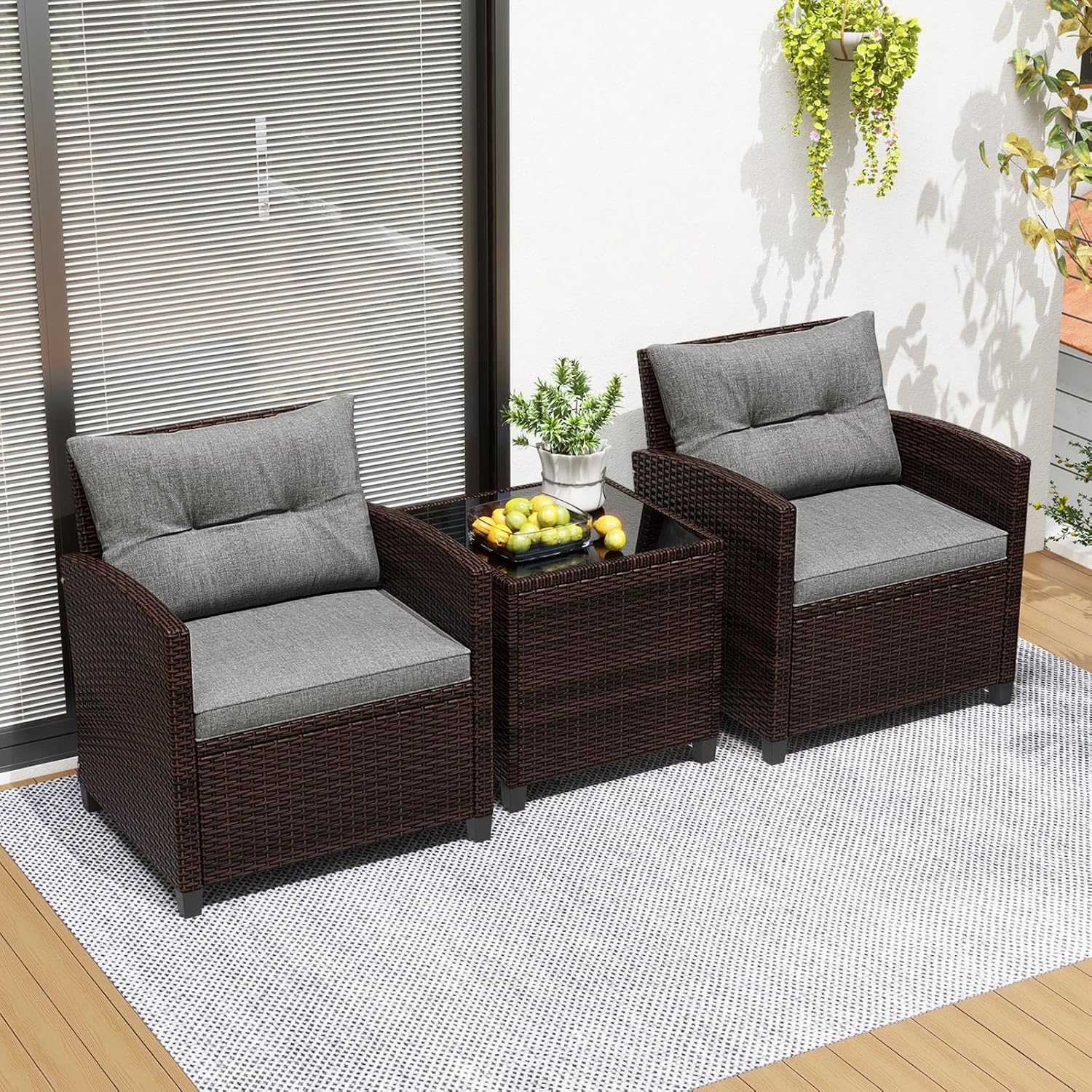 ORALNER 3 Pieces Patio Furniture Set, Outdoor Wicker Conversation Set Rattan Chairs with Cushions, Glass Coffee Table, Bistro Set for Front Porch Balcony Garden Deck Poolside (Grey)
