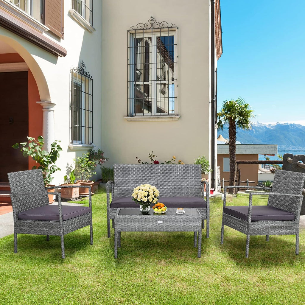Tangkula 4 Piece Patio Furniture Set, Patiojoy Outdoor Wicker Conversation with Soft Cushion, Glass Tabletop, Solid Steel Frame, Sectional Sofa for Backyard, Poolside, Balcony
