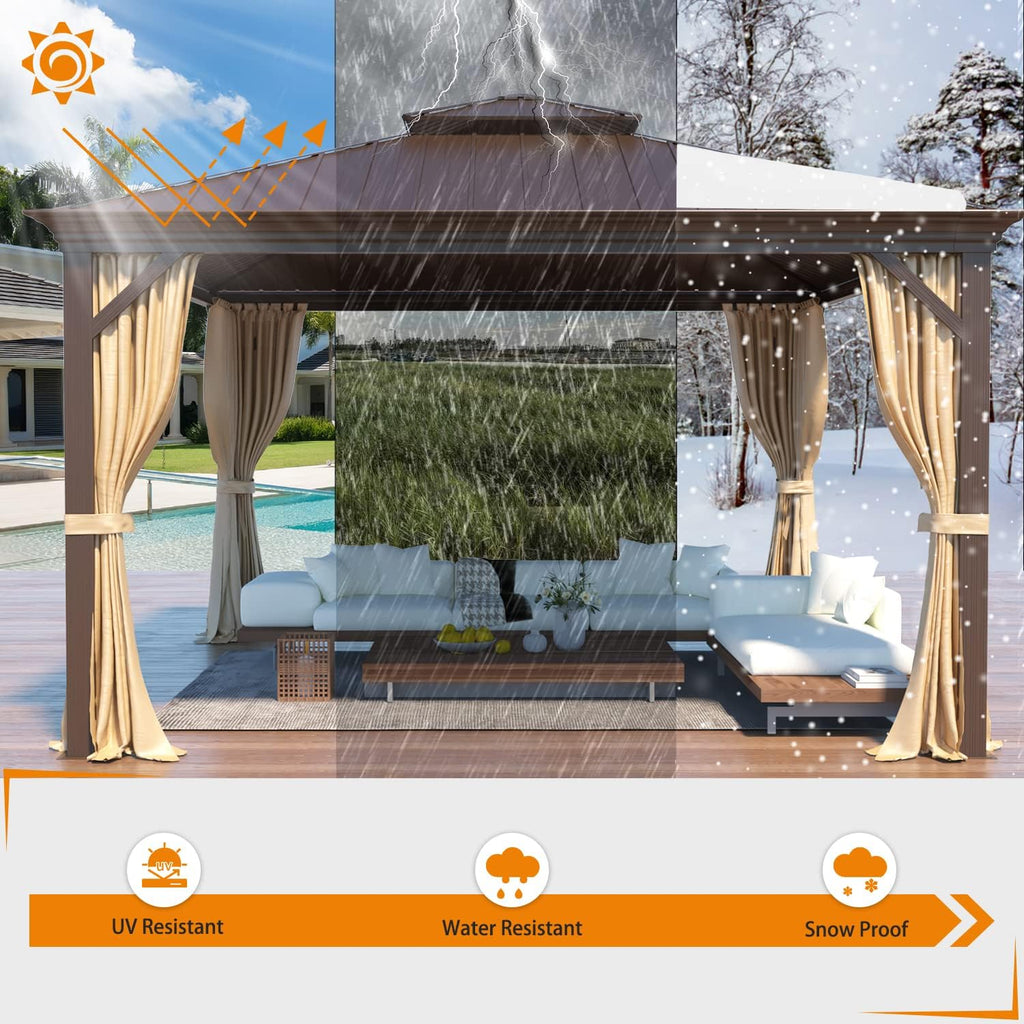 MELLCOM 12' x 12' Hardtop Gazebo, Galvanized Steel Double Roof Outdoor Gazebos, Aluminum Frame Metal Gazebo with Netting and Curtains for Patio, Lawn & Garden