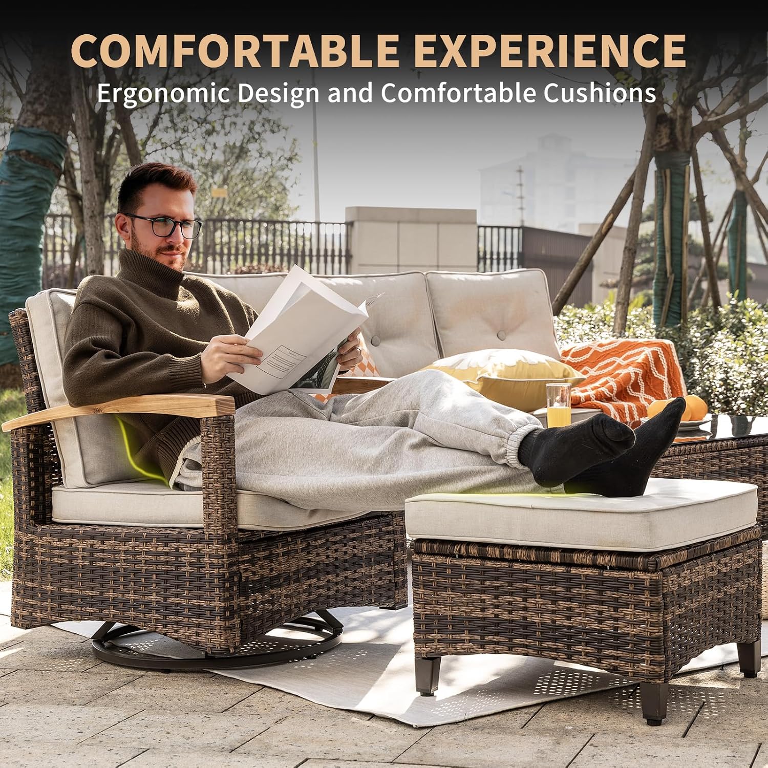 MEISSALIVVE 6 Pieces Patio Furniture Sets, PE Wicker Outdoor Conversation Sets with 2 Wood Armrests Single Chairs, 2 Ottomans and Dining Table (Beige)