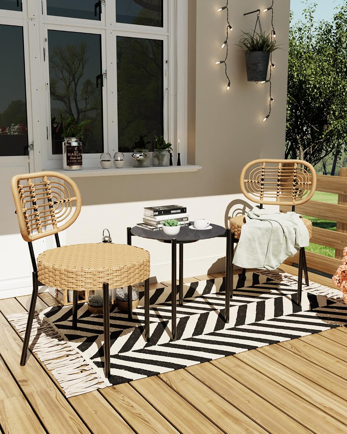 GarveeLife 3 Piece Wicker Patio Bistro Furniture Set, Outdoor Dining Chairs, Includes 2 Rattan Chairs and Tempered Glass Table, for Garden, Backyard, Balcony, Apartment, Black & Brown