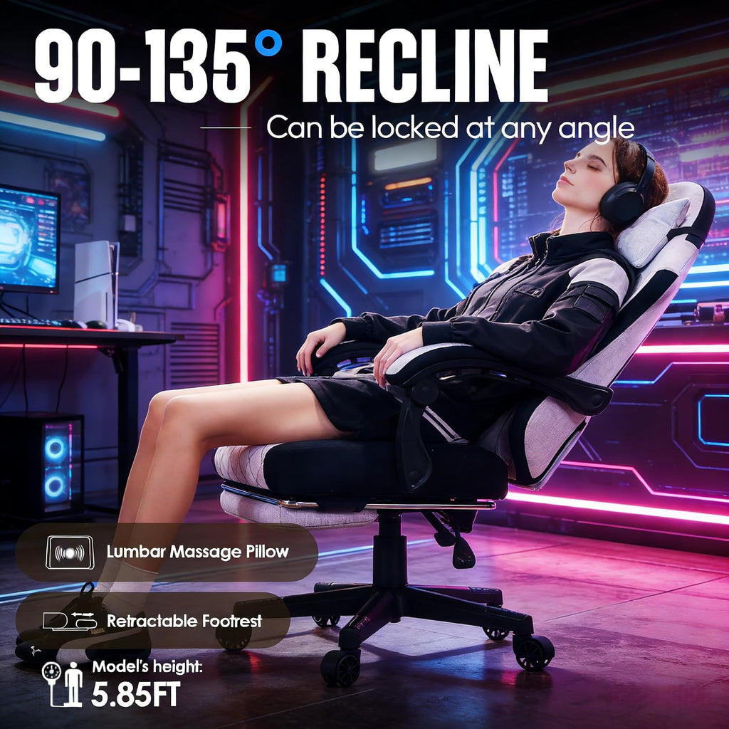 Dowinx Gaming Chair with Pocket Spring Cushion, Massage Lumbar Pillow & Footrest, Wide Seat with Padded Armrests, Breathable Fabric, Reclining Computer Chair for Home Office-Black and Gray