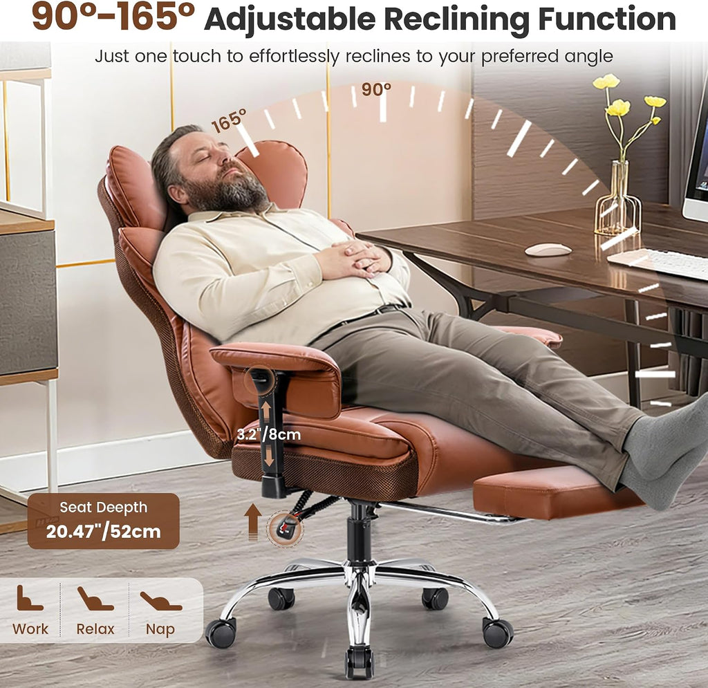 BESTFAIR Big and Tall Office Chair - 400 LBS Capacity Executive Chair with High Back & Footrest, Ergonomic Computer Gaming Chair for Heavy People, Wide Padded Seat, Brown PU Leather