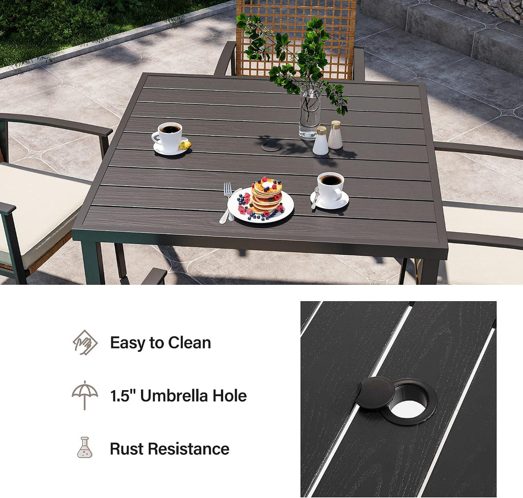 LAUSAINT HOME 5 Pieces Outdoor Patio Dining Set, Wicker Patio Furniture Set of 4 Chairs with Soft Cushion and Square Table with Umbrella Hole, Conversation Set for Backyard, Garden and Poolside