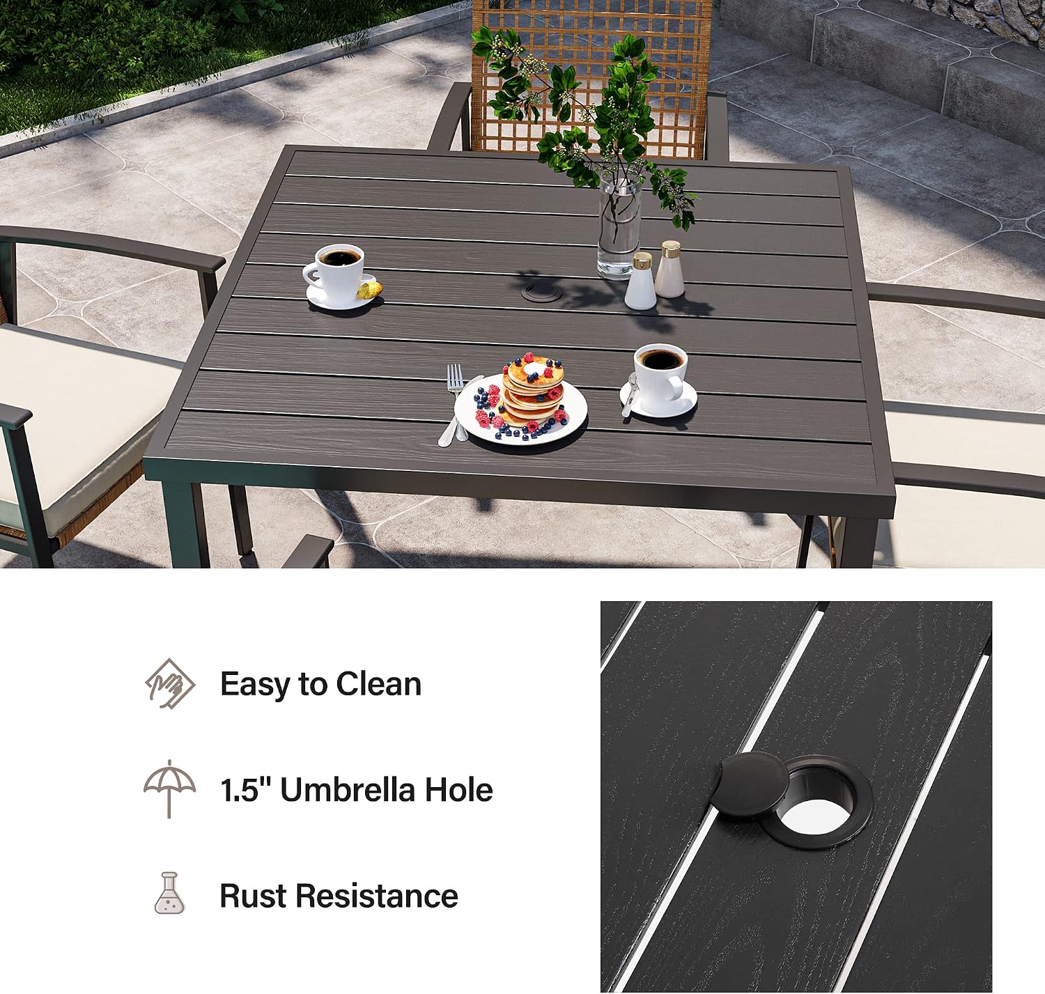 LAUSAINT HOME 5 Pieces Outdoor Patio Dining Set, Wicker Patio Furniture Set of 4 Chairs with Soft Cushion and Square Table with Umbrella Hole, Conversation Set for Backyard, Garden and Poolside