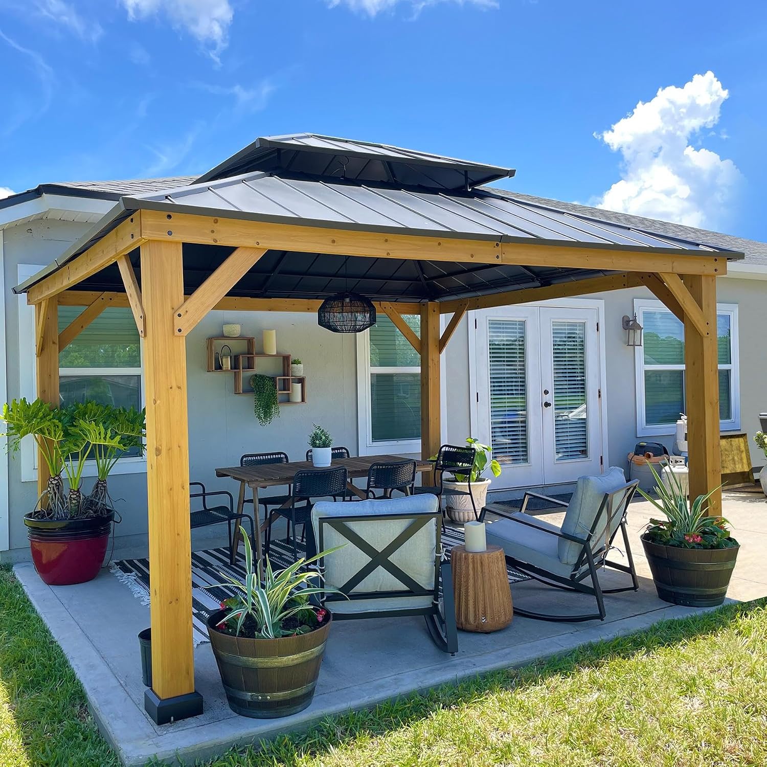 Sunjoy 11 x 13 ft. Wood Gazebo Cedar Framed Gaezbos with Black Double Steel Hardtop Roof for Garden, Backyard Shade, Matte Black Roof + Natural Wood Frame