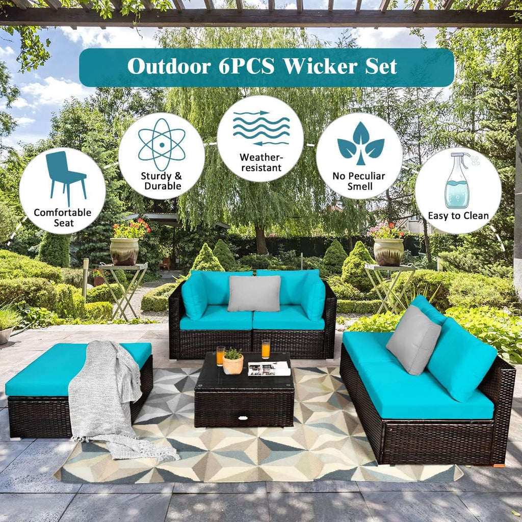 Tangkula 6 Piece Patio Furniture Set, Outdoor Deck Lawn Backyard Durable Steel Frame PE Rattan Wicker Sectional Sofa Set, Conversation Set with Coffee Table (Turquoise)