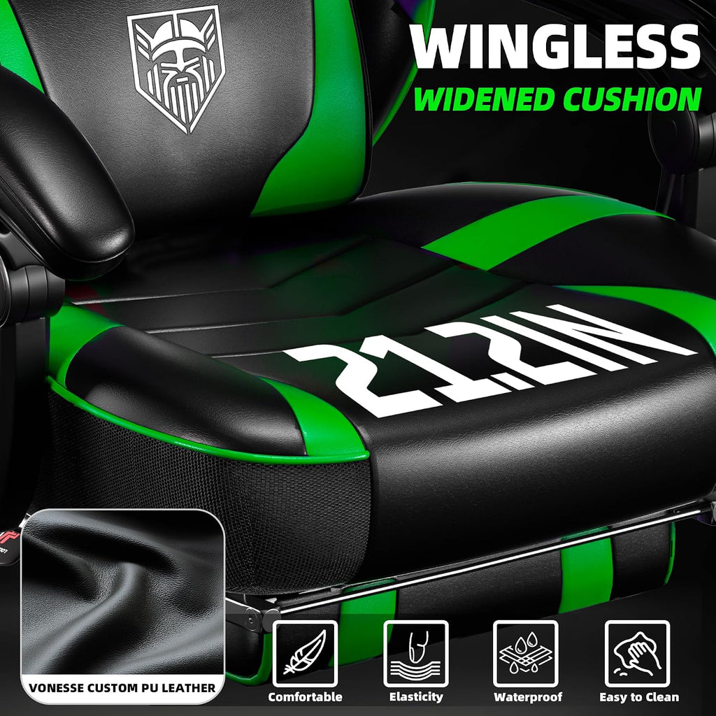 Vonesse Gaming Chair, Big and Tall Gaming Chair with Footrest and Massage, Gaming Chairs for Adults with Lumbar Support, Ergonomic High Back Computer Chair with Pocket Spring Cushion (Green/Black)