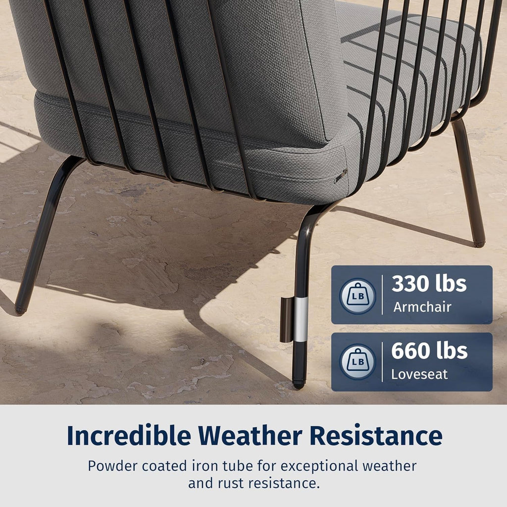East Oak 4-Piece Plaza Patio Furniture Set, Outdoor Furniture for Balcony, Poolside, and Yard, with Thick Cushion Sofa and Coffee Table, Modern Patio Conversation Set, Black & Grey