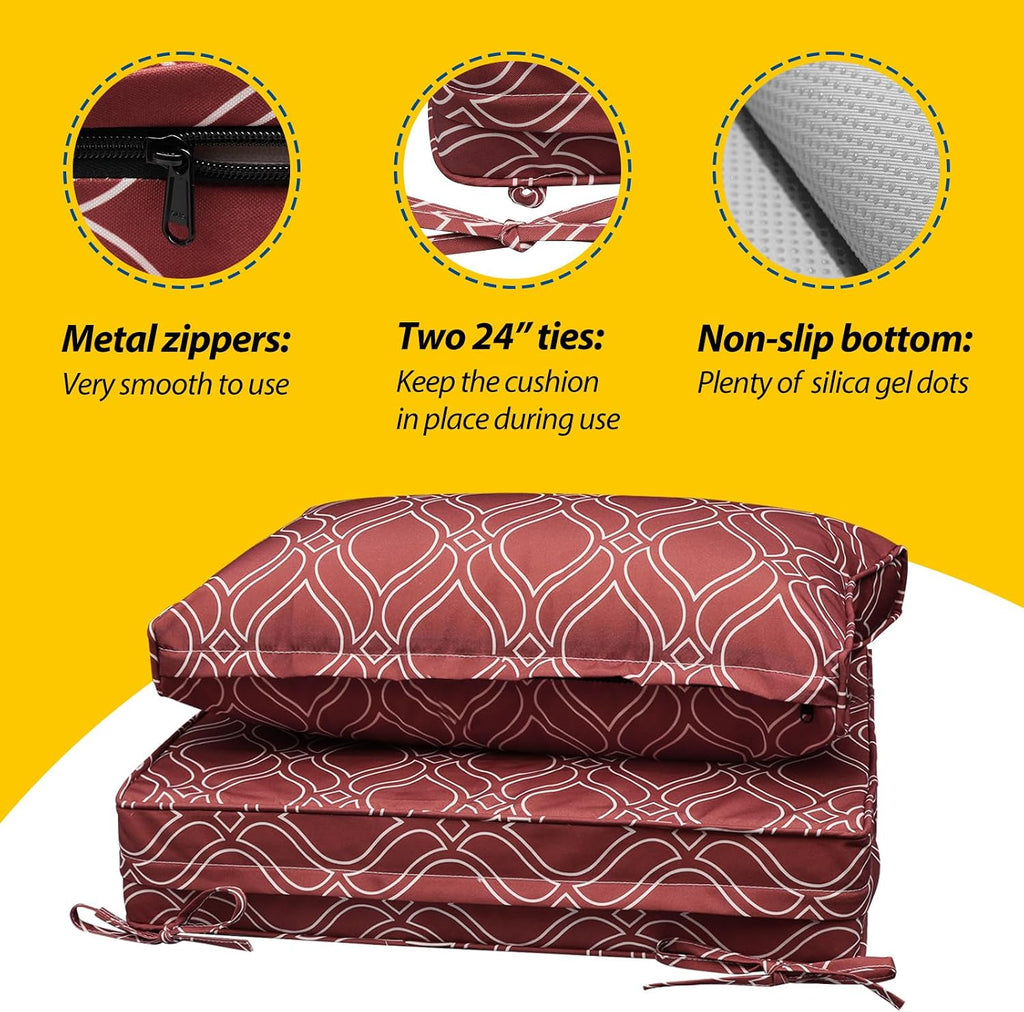 AAAAAcessories Outdoor Seat Cushions for Chairs, Fade-Resistant, Waterproof Patio Furniture Replacement Cushions, 24' x 24' x 5' + 24' x 13.5', Set of 4, Clay Red Vine Trellis