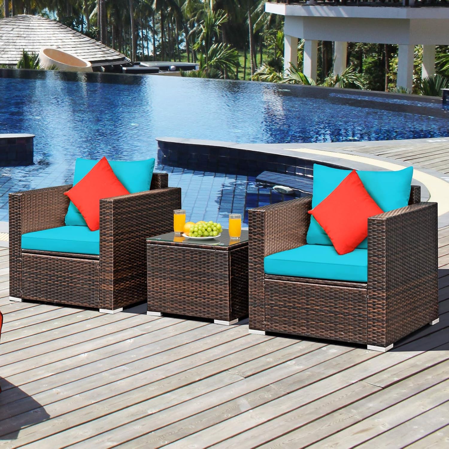 Tangkula 3 Pieces Patio Furniture Set, Outdoor Conversation Rattan Furniture Set w/Washable Cushion and Tempered Glass Tabletop, PE Rattan Wicker Sofa Set for Garden Poolside Balcony