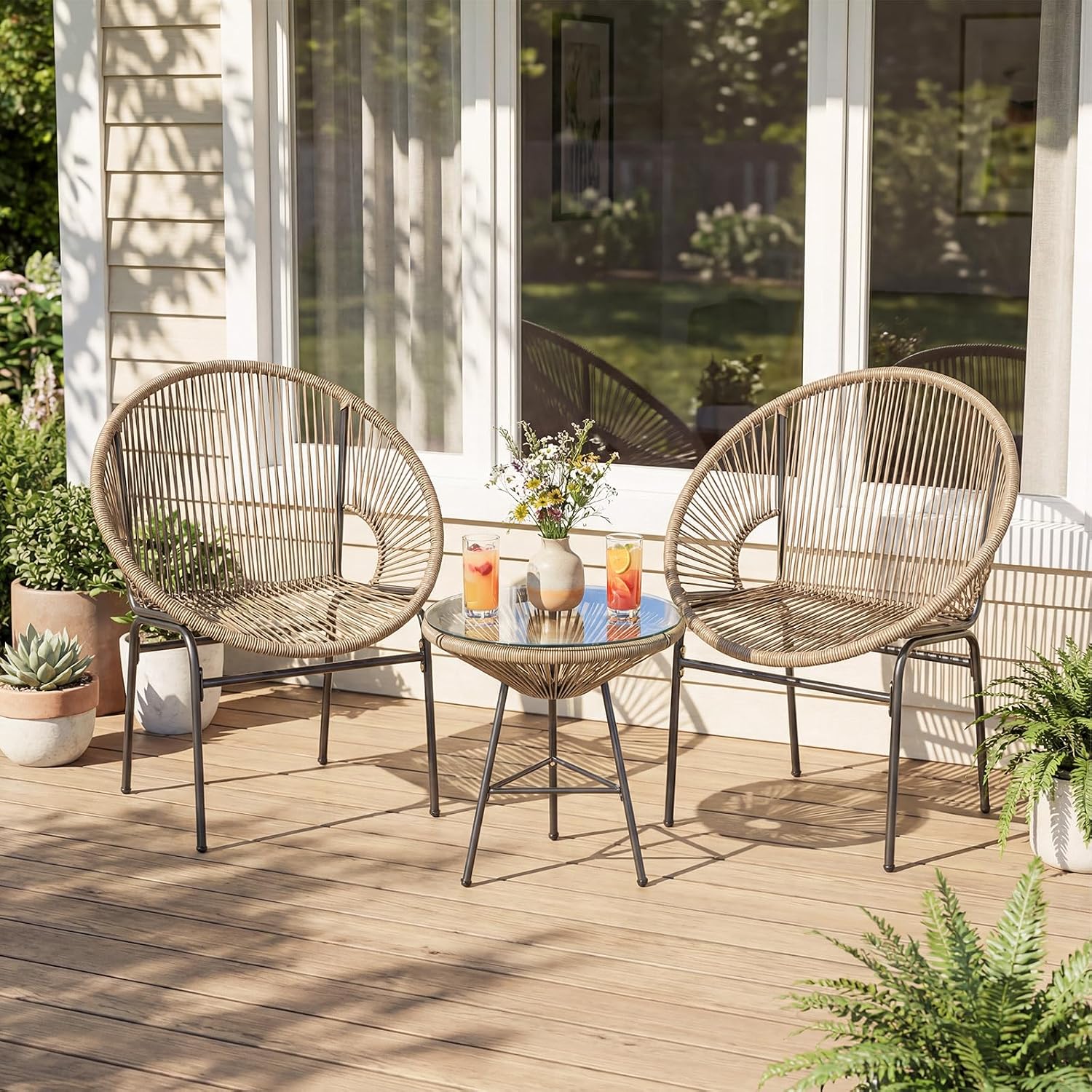 Tangkula 3 Piece Outdoor Patio Furniture Set, Acapulco Chair Set w/Plastic Rope, Tempered Glass Table, All Weather Patio Bistro Set for Patio, Lawn, Garden, Backyard (Brown)