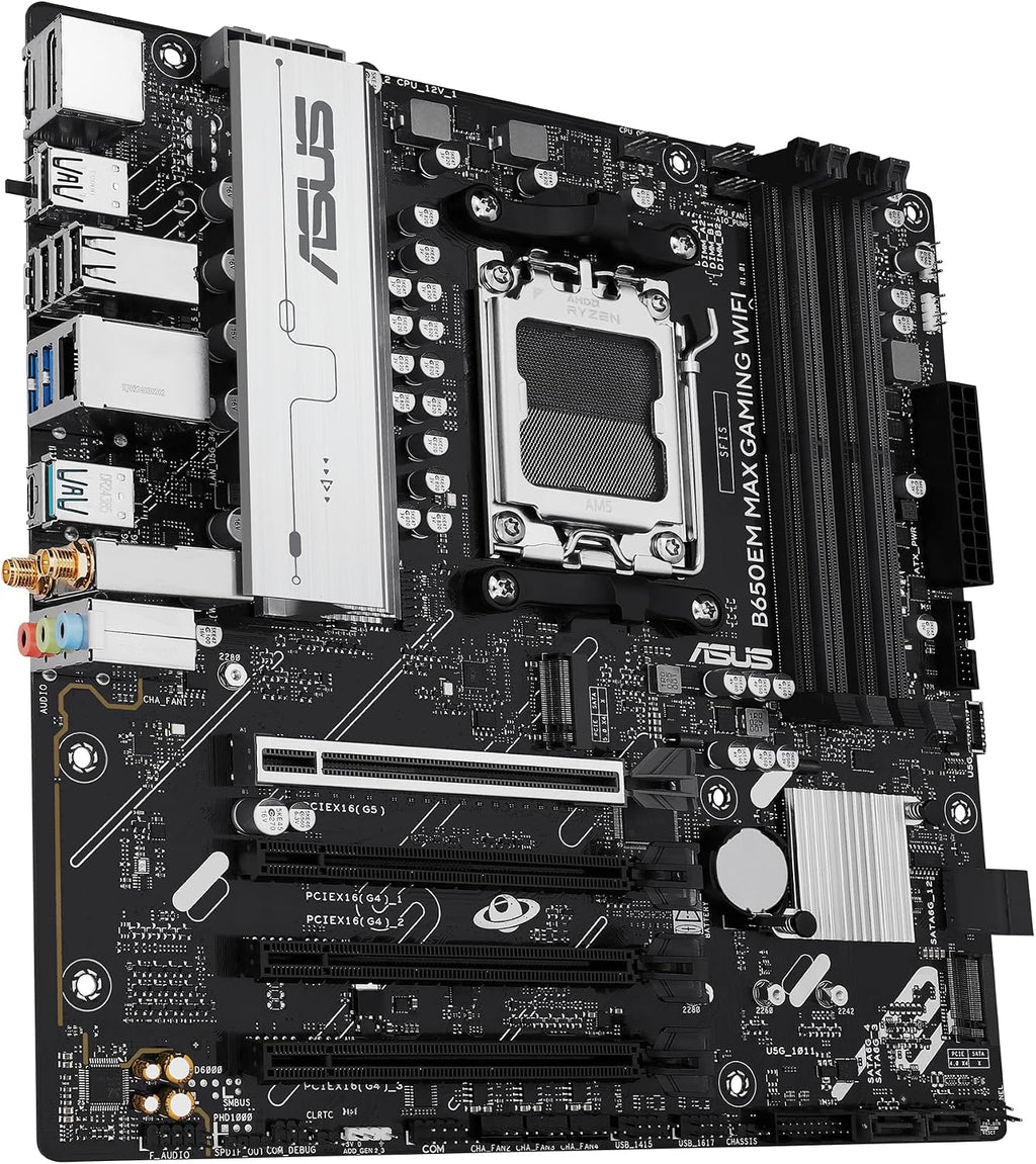 ASUS B650EM MAX Gaming WiFi AMD B650 mATX Motherboard, DDR5, PCIe 5.0 Ready, 3X M.2 Slots, WiFi6, 1Gb Ethernet, DisplayPort, HDMI, Rear USB 10Gbps Type-A & Type-C Ports, BIOS Flashback, Aura Sync
