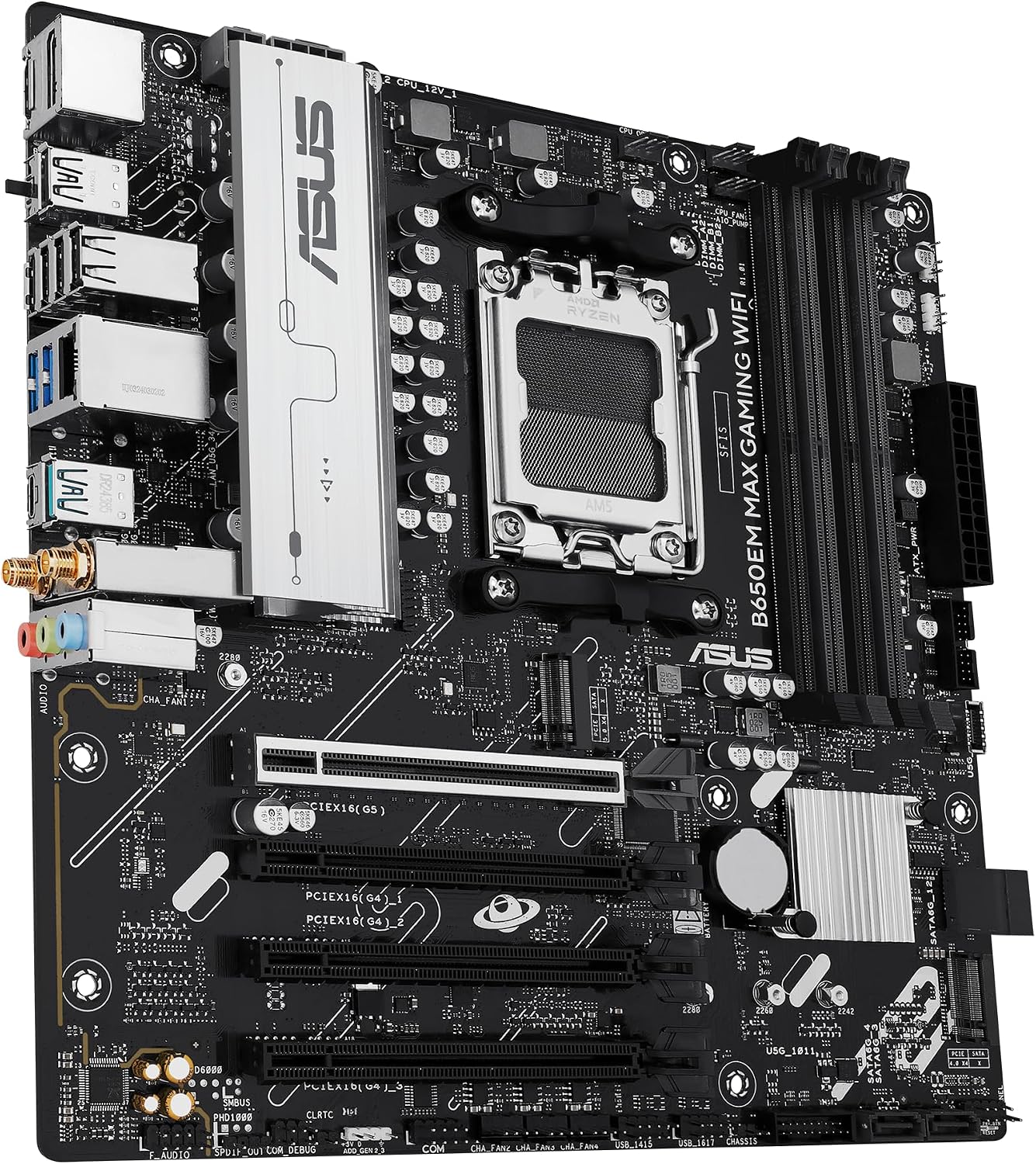 ASUS B650EM MAX Gaming WiFi AMD B650 mATX Motherboard, DDR5, PCIe 5.0 Ready, 3X M.2 Slots, WiFi6, 1Gb Ethernet, DisplayPort, HDMI, Rear USB 10Gbps Type-A & Type-C Ports, BIOS Flashback, Aura Sync