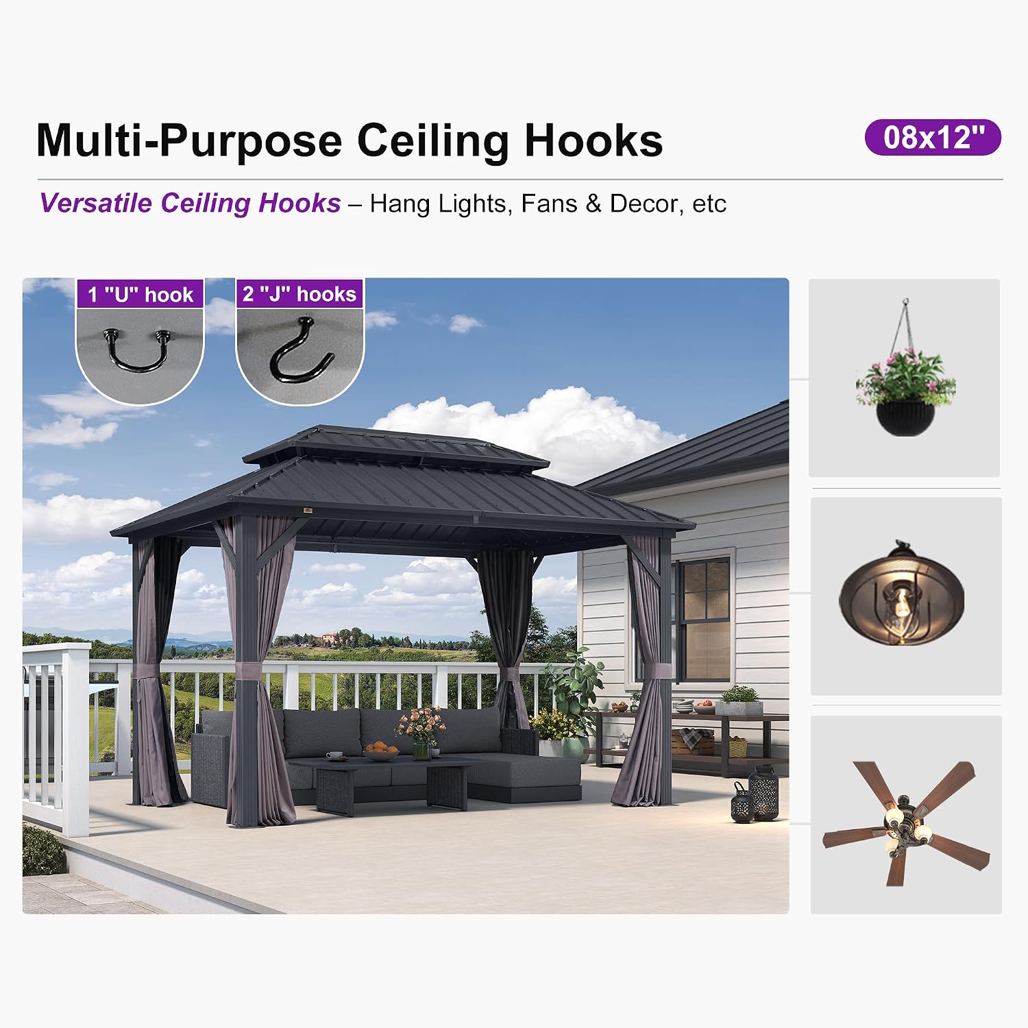 PURPLE LEAF 8' X 12' Permanent Hardtop Aluminum Gazebo with Double Galvanized Steel Roof Removable Netting Curtains and Ceiling Hooks for Patio Lawn Backyard Deck Garden Grey