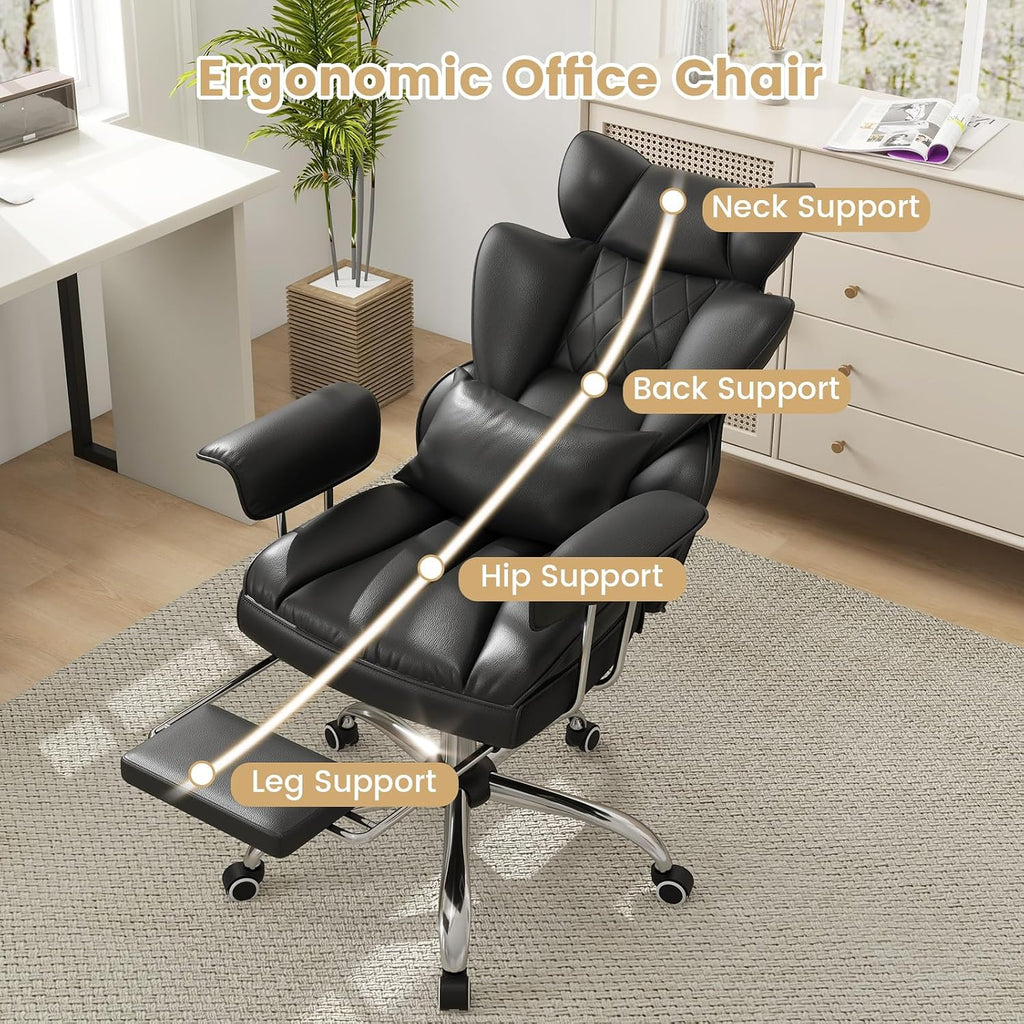 COSTWAY 400 LBS Big and Tall Office Chair, PU Leather Executive Desk Chair w/Retractable Footrest, Reclining Function, Lumbar Support, Ergonomic High Back Home Computer Task Chair (Black)
