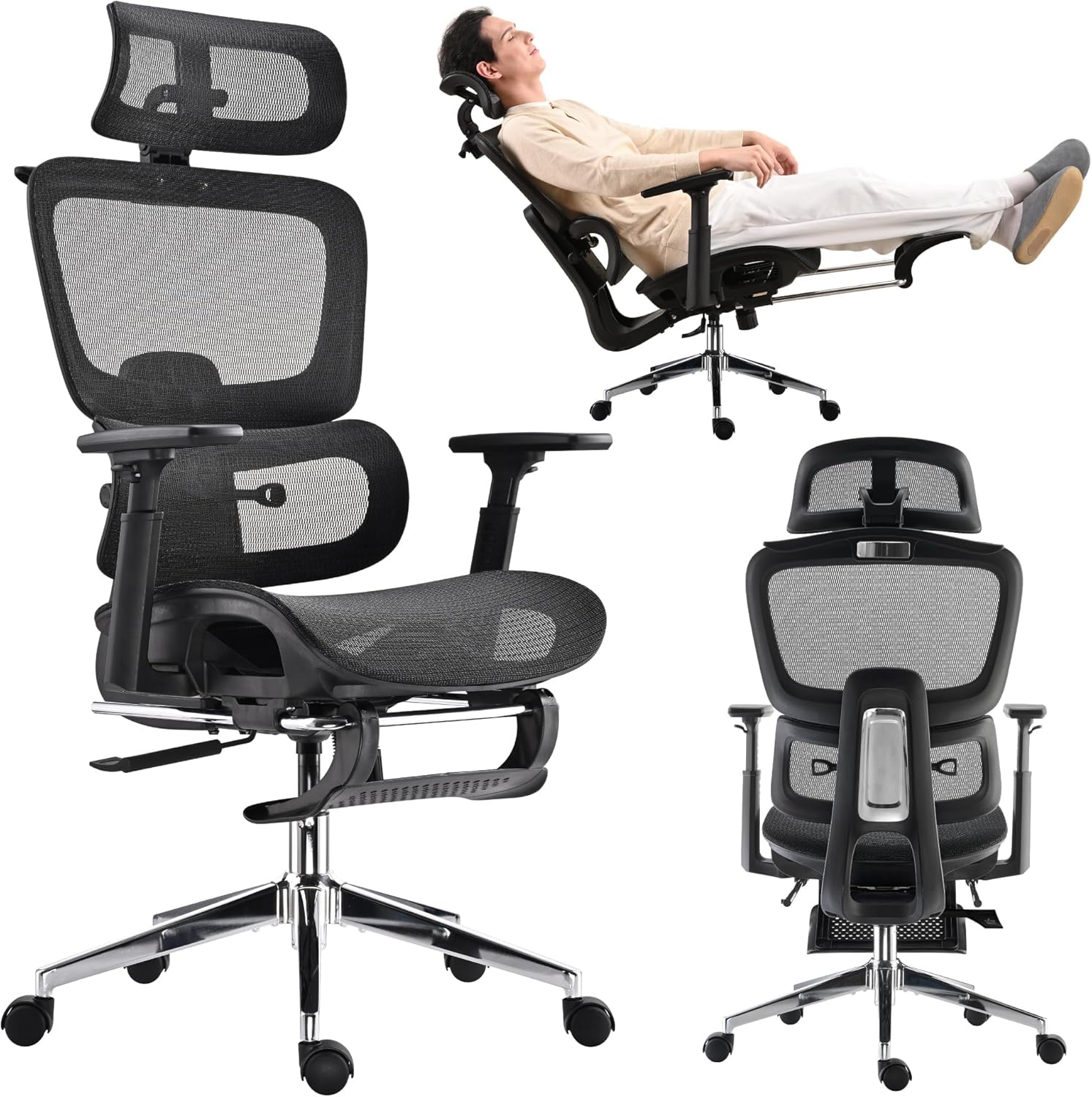 Mesh Ergonomic Office Chair with Footrest,High Back Mesh Gaming Chair with Lumbar Support,Adjustable Headrest and Armrests for Home Office Desk Chair (Modern, Black)