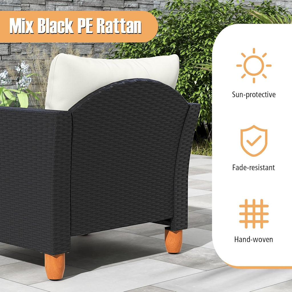 Tangkula 3 Pieces Patio Porch Furniture Set, PE Rattan Wicker Chair Conversation Set with Cushions and Storage Table, Outdoor Acacia Wood Bistro Set for Garden, Poolside (White)