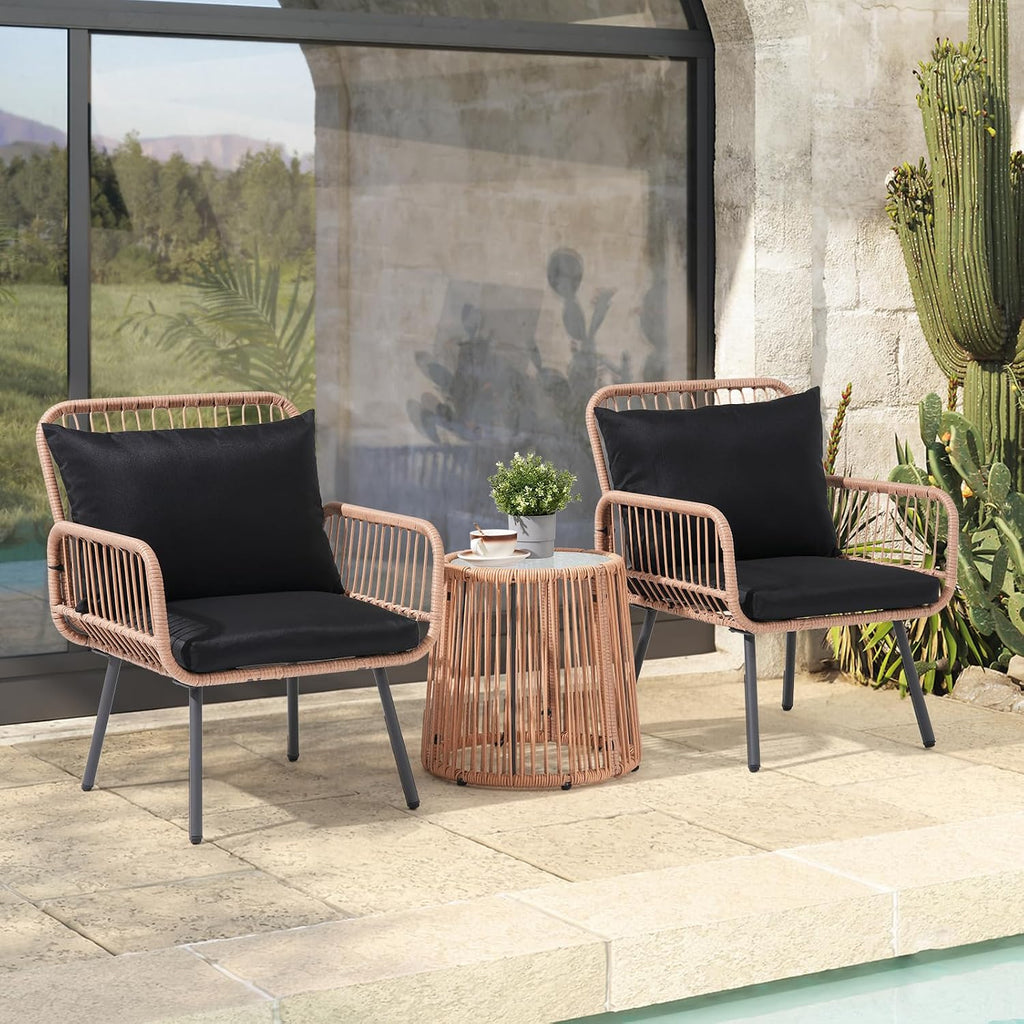 Verano Garden 3 Pieces Patio Bistro Sets, Outdoor Wicker Balcony Furniture Sets,Patio Rattan Furniture Set with Round Glass Table for Porch,Lawn,Garden,Backyard (Black, 3 PCS Set)