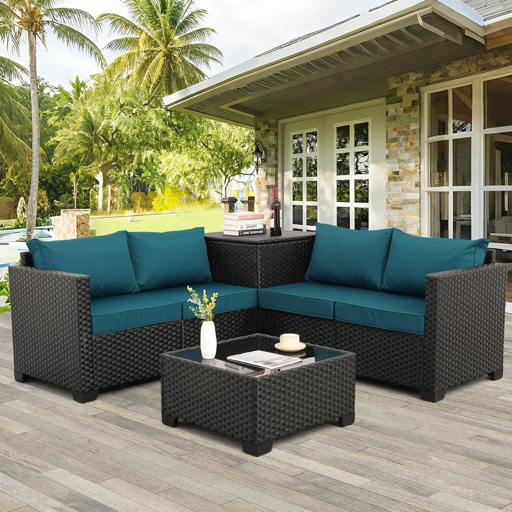 WAROOM Patio Furniture Set 4 Piece Conversation Sets Black Rattan Outdoor Couch Loveseat Wicker Sectional Sofa with Storage Box Glass Top Table, Peacock Blue Cushion
