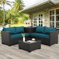 WAROOM Patio Furniture Set 4 Piece Conversation Sets Black Rattan Outdoor Couch Loveseat Wicker Sectional Sofa with Storage Box Glass Top Table, Peacock Blue Cushion
